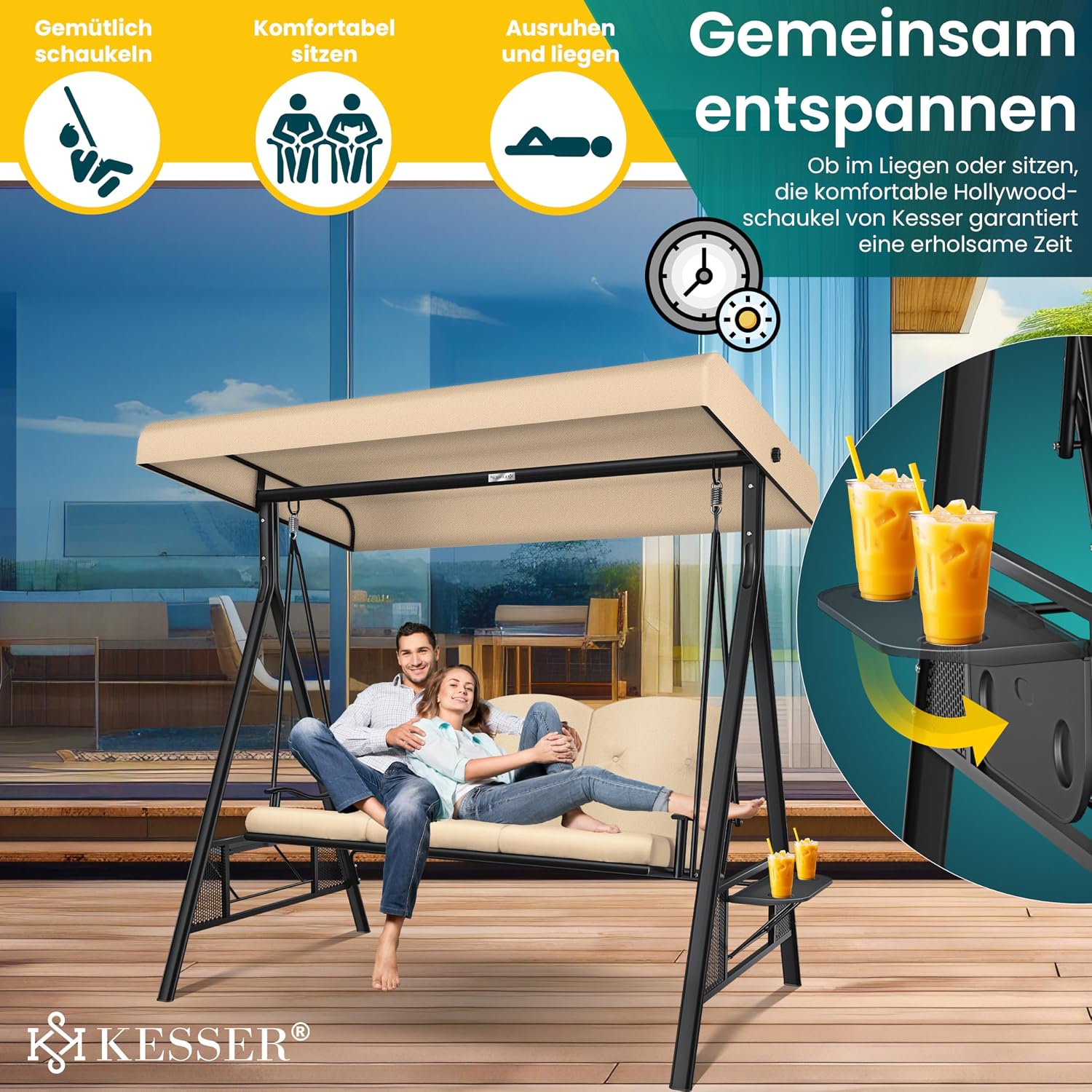 Detalle de KESSER® Hollywoodschaukel mit Sonnendach 3-Sitzer – wetterfest, komfortabel und vielseitig