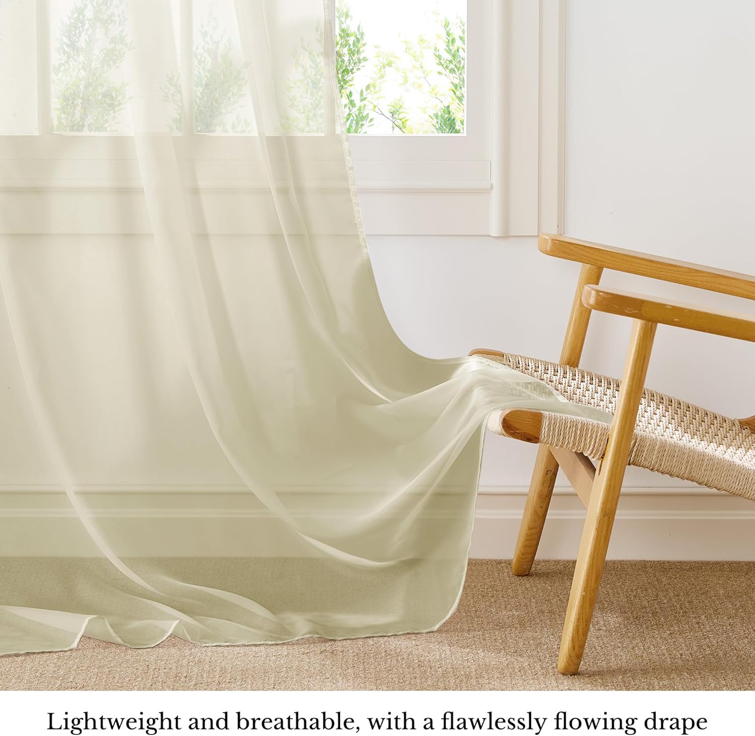 Detalle 2 de PONY DANCE Extra Long Net Curtains 55x102 inches – Creamy Beige Voile Panels (Set of 2)