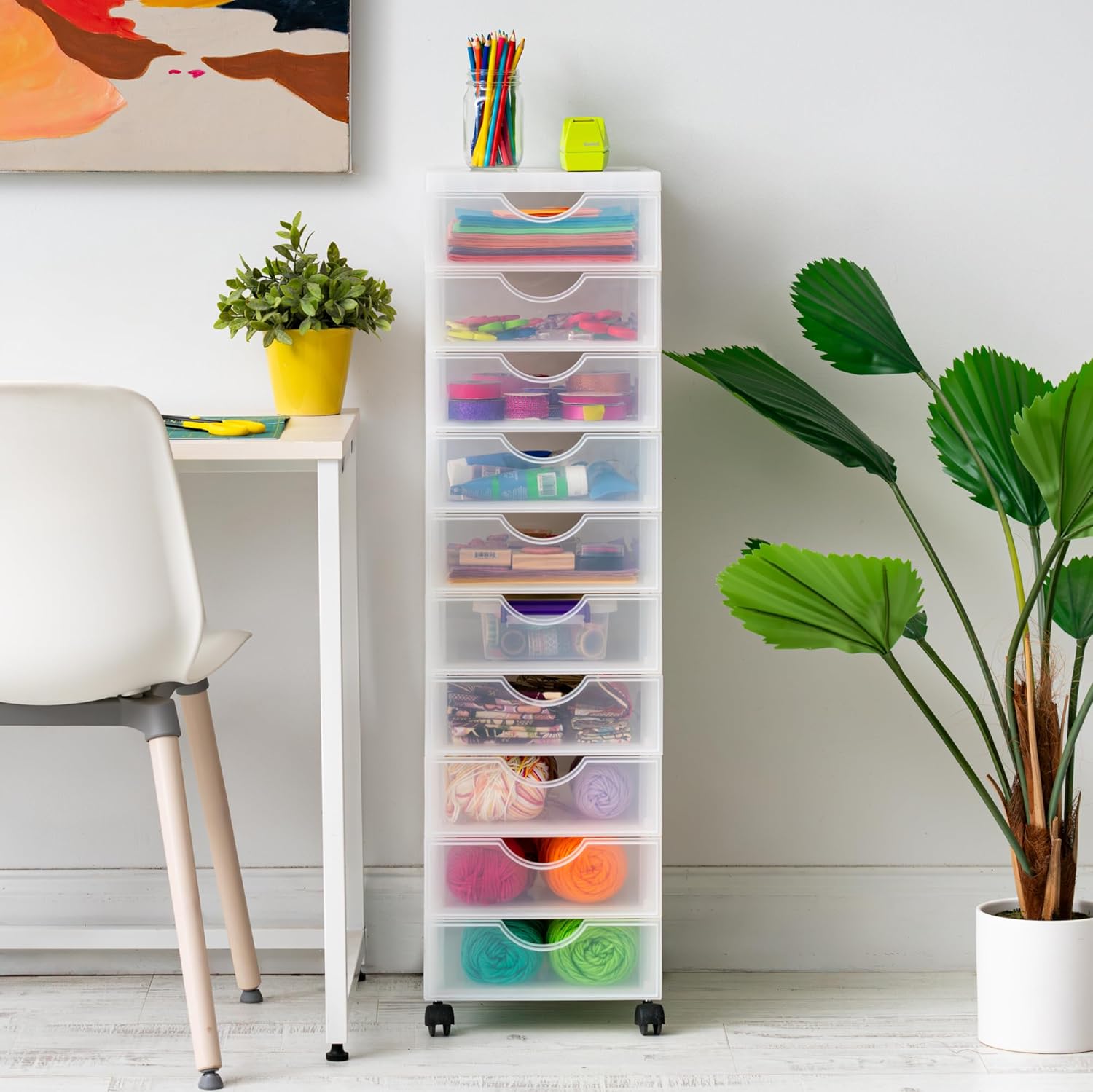 Thumbnail 3 de Iris Ohyama Kunststoff-Schubladenbox mit Rollen DDDC-010, 10 flache Schubladen (mattweiß)