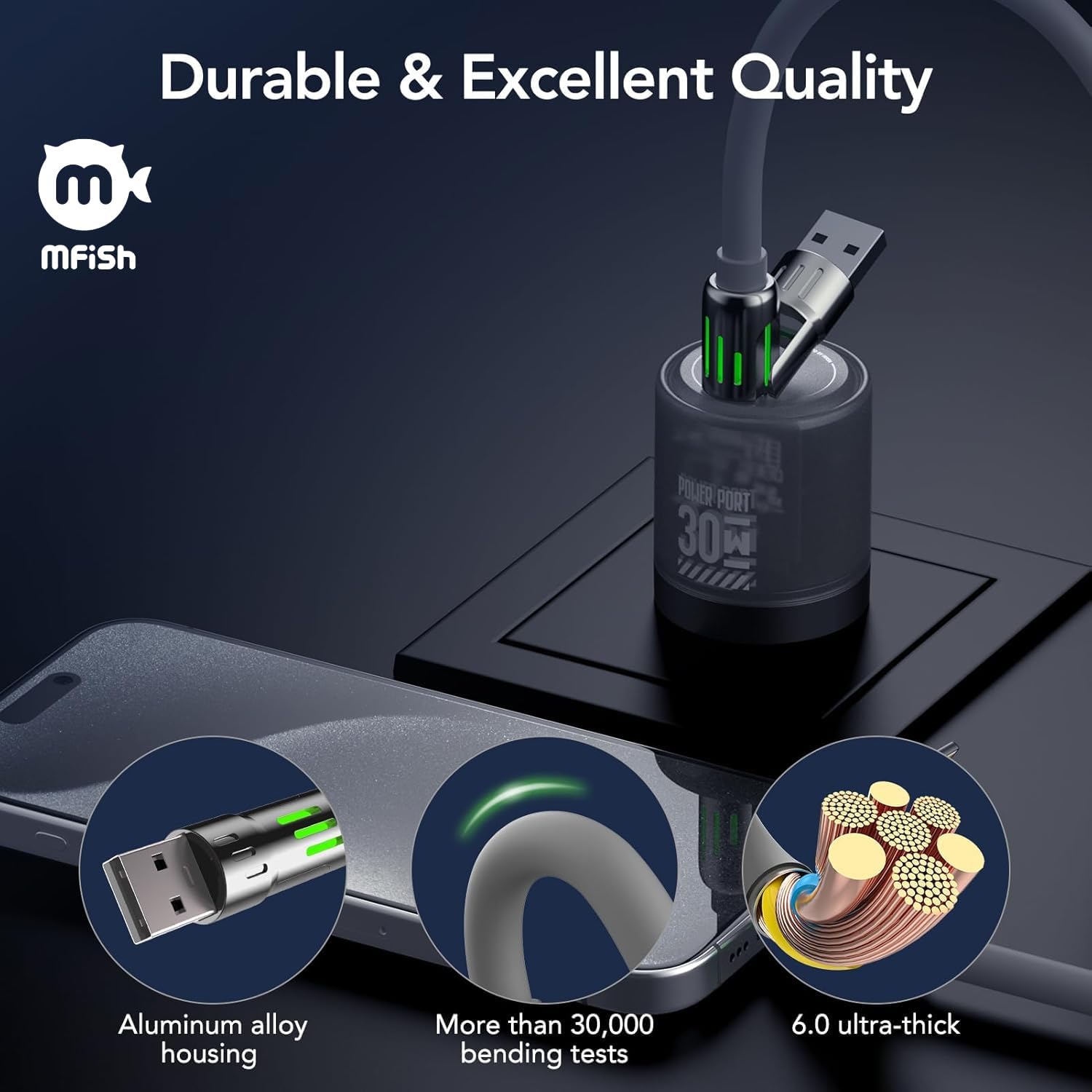 Detalle de MFish 4-in-1 USB-C Charging Cable (240W) with Built-In PD3.1 E-Marker, 6.6 ft, Grey