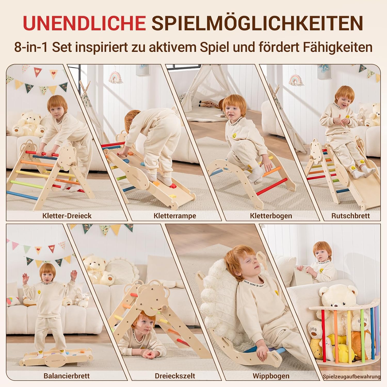 Detalle de COSYLAND 8-in-1 Montessori Klettergerüst Holz ab 18 Monate – Kletterdreieck mit Rutsche & Kletterbogen, Natur