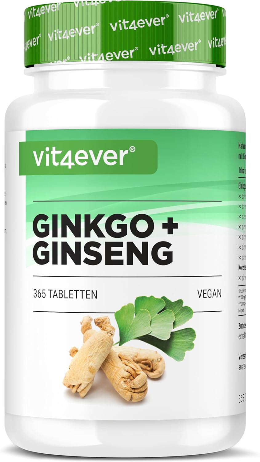 Detalle de vit4ever Ginkgo + Ginseng - 365 Tabletten - Spezial Extrakt - Hochdosiert - Laborgeprüft - Ginkgo Biloba + Koreanischer Ginseng - Premium Qualität - Vegan
vit4ever Ginkgo + Ginseng - 365 Tabletten - Spezial Ex…