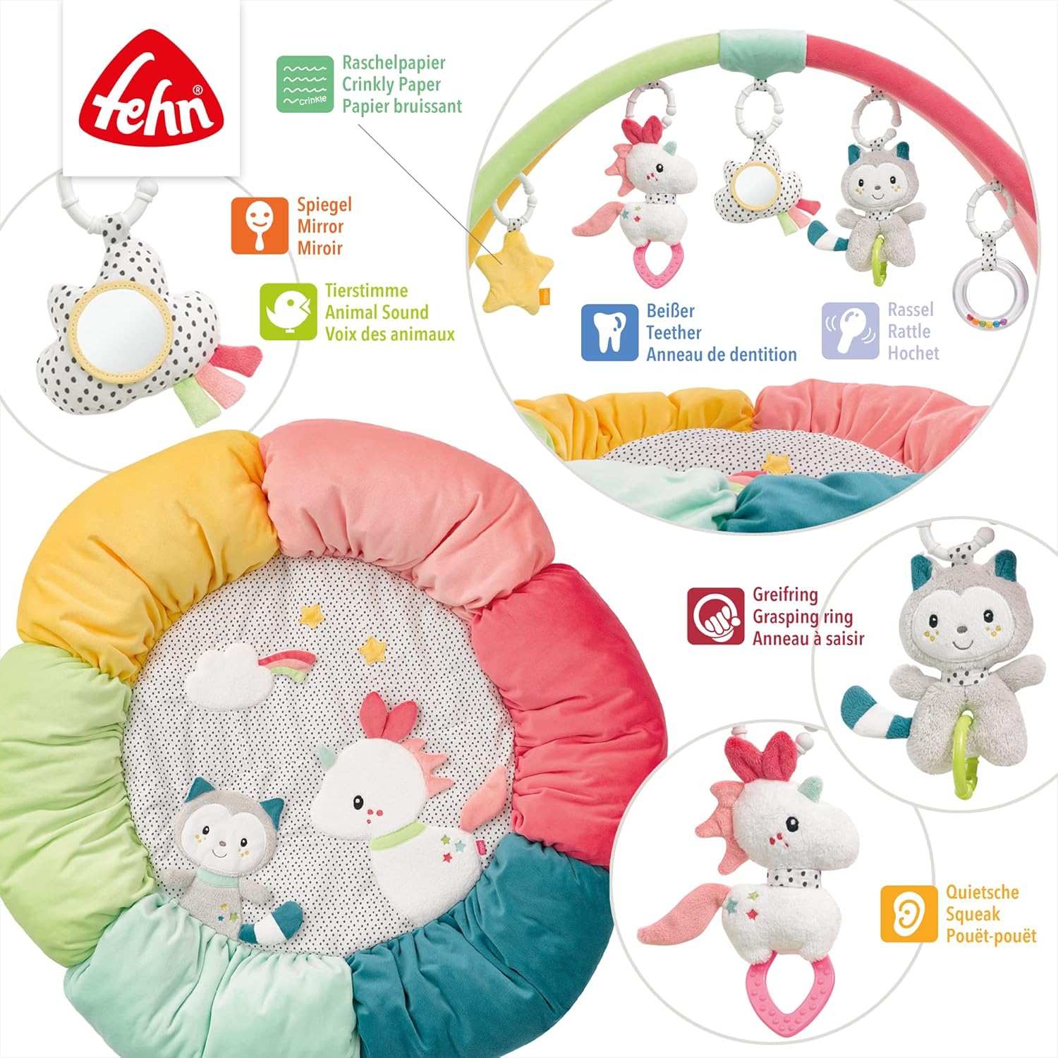 Detalle de Fehn 3-D-Activity-Nest Spielbogen Aiko und Yuki – Krabbeldecke mit 5 abnehmbaren Spielzeugen (85 cm)