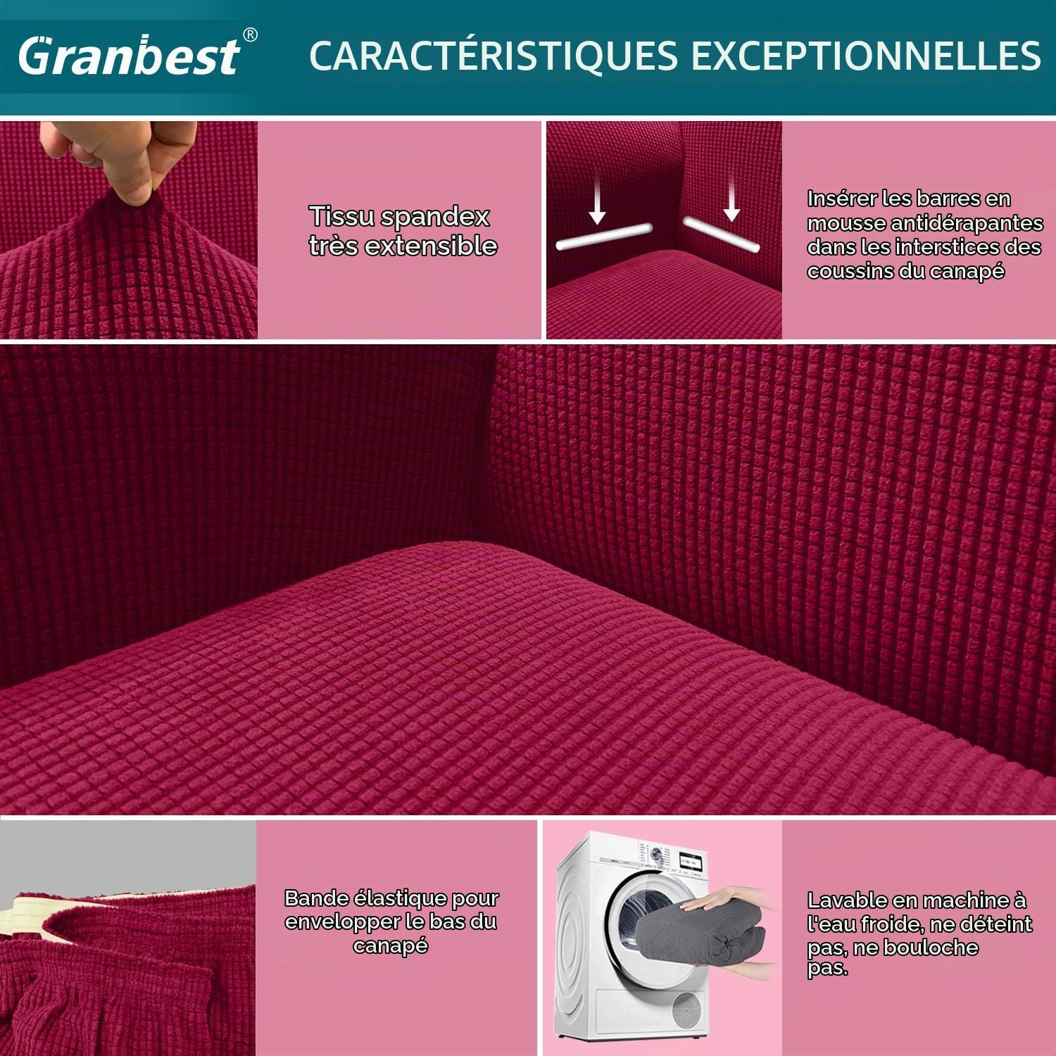 Thumbnail 2 de Granbest elastische jacquard-bankhoes 1-zit wijnrood, machinewasbaar
