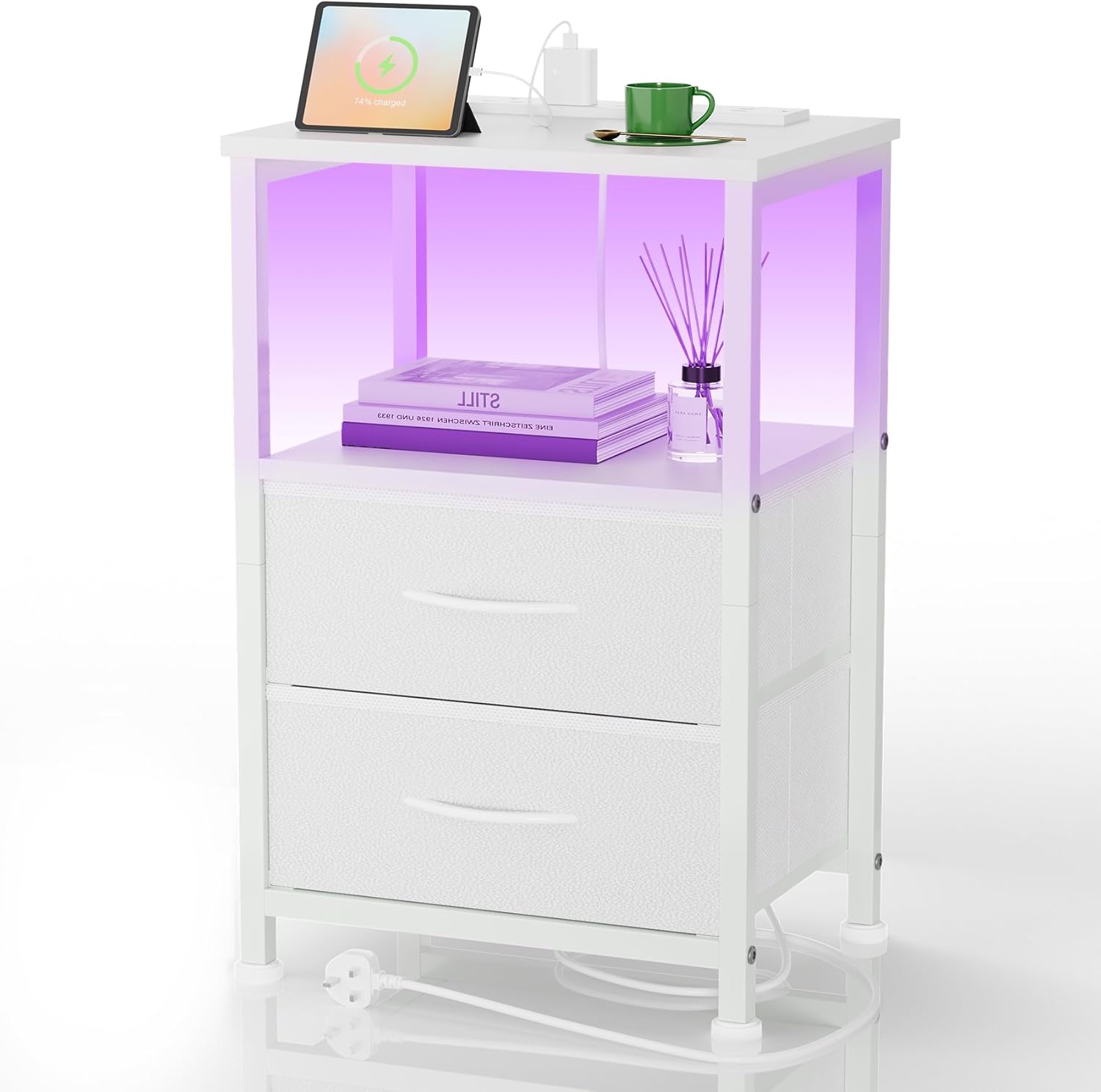 Yornoli Bedside Table with Charging Station – 40cm Wide, White with LED Lights and Fabric Drawers