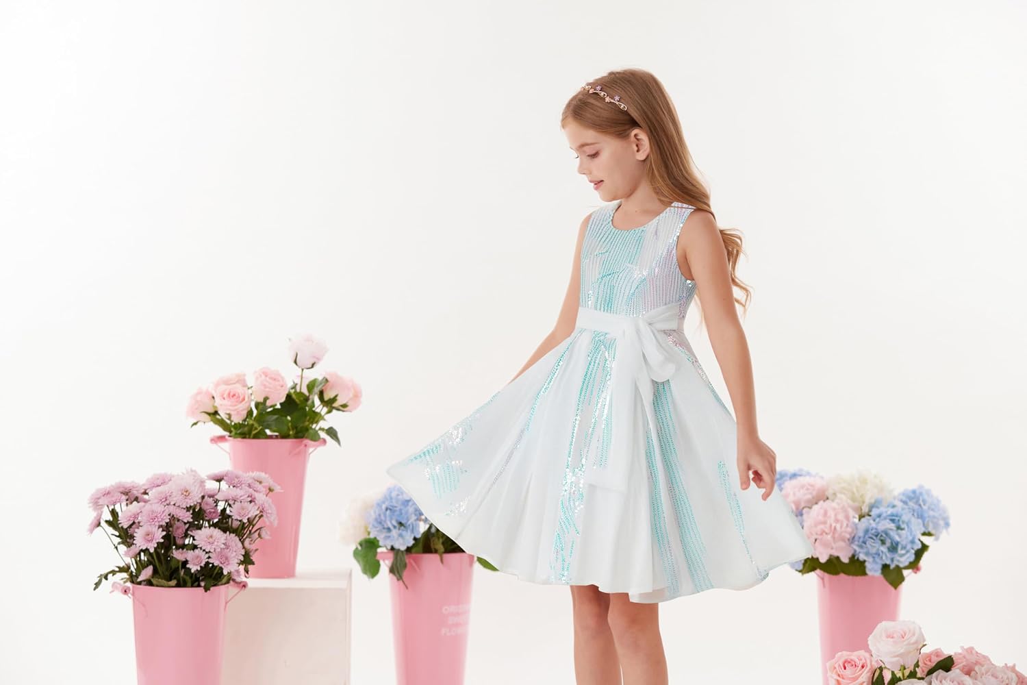 Detalle de GRACE KARIN Abito dorato per ragazze con paillettes: stile festivo in tessuto elastico e chiffon