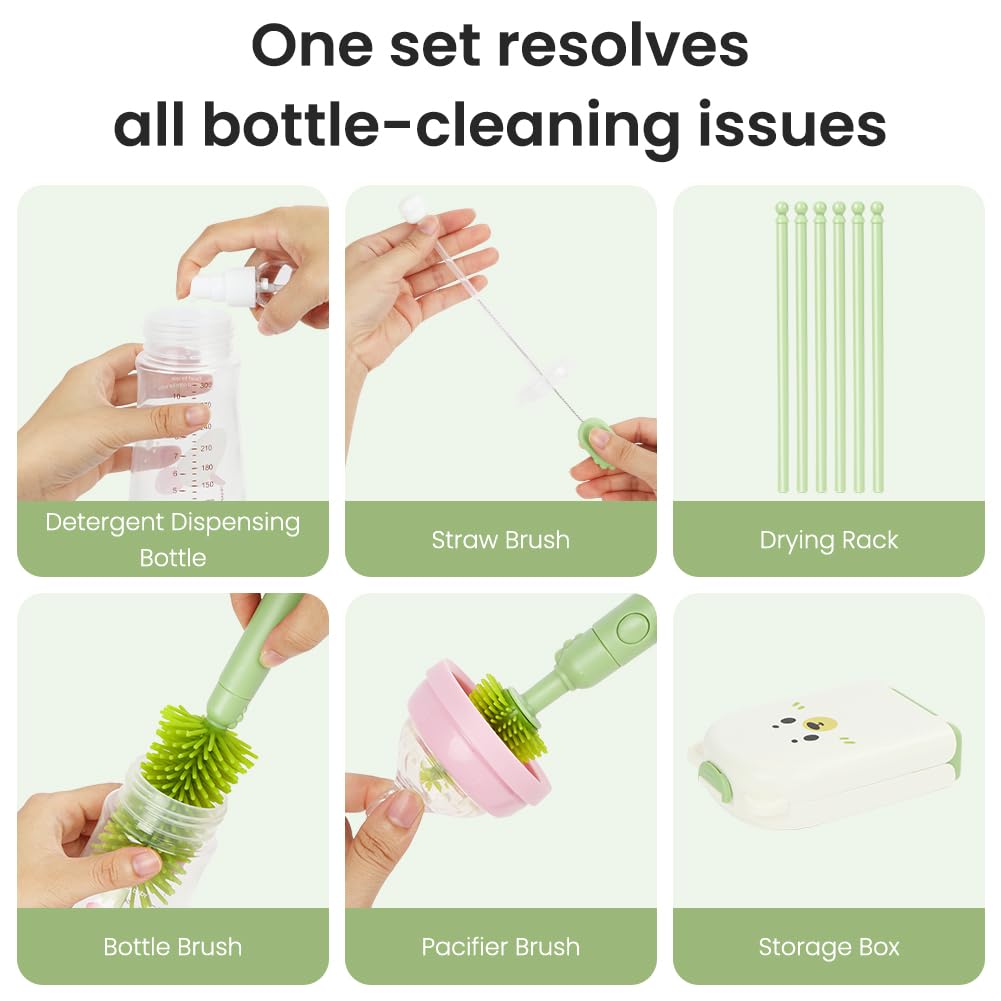 Detalle de Vicloon 6-in-1 Reise Baby Flaschenbürsten-Set – BPA-frei, tragbar mit Silikonkopf, Strohhalm- und Schnullerbürste