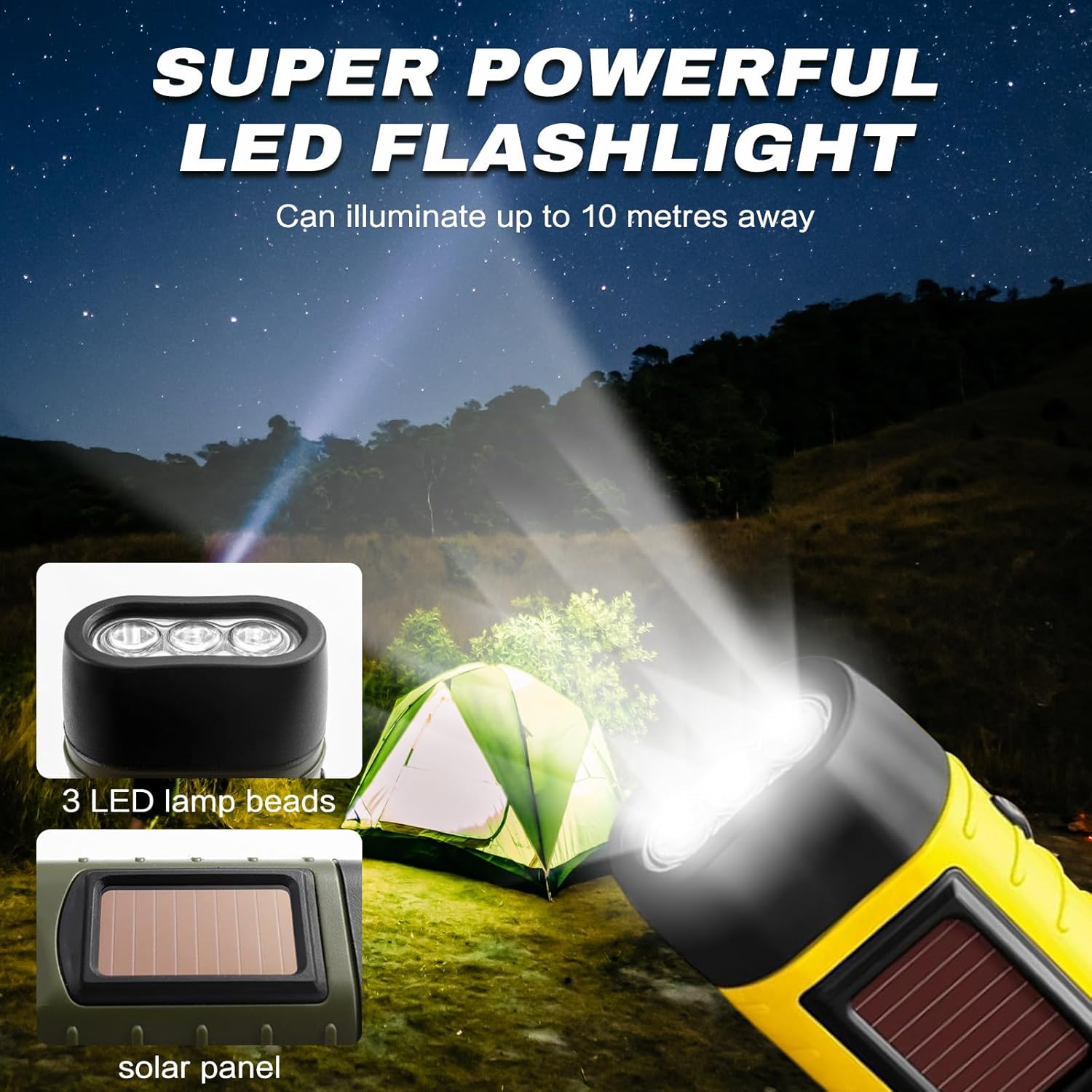 Thumbnail 4 de VINSPIRE Wind Up Torch (Solar LED) – 2-Pack Emergency & Camping Light with Carabiner Hook