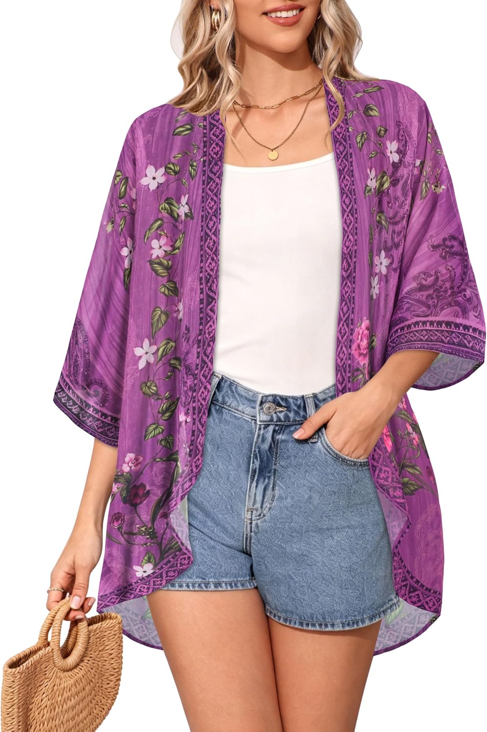 Detalle de CHICALLURE Floral Chiffon Kimono Cardigan, Sheer Open-Front Cover-Up