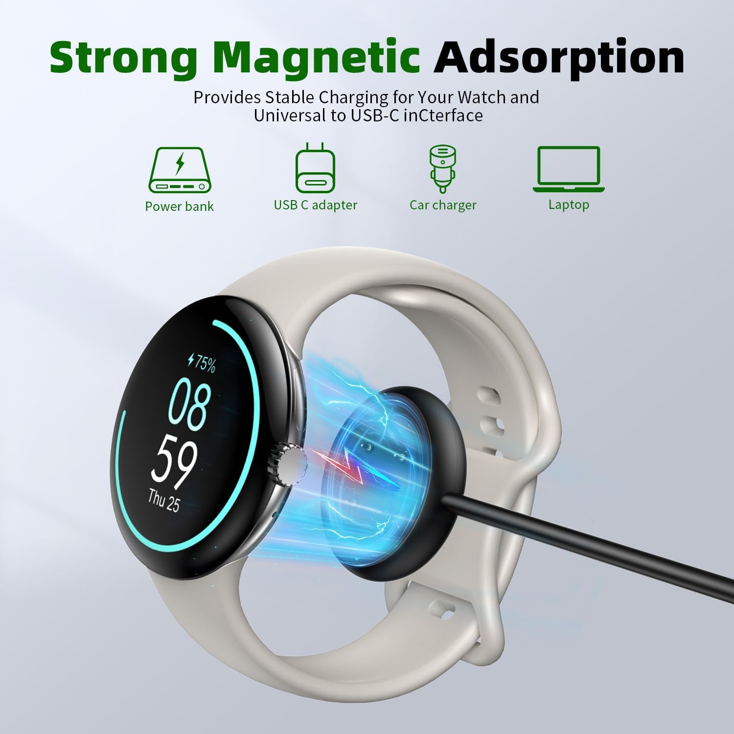 Detalle de USB-C Magnetic Charging Cable for Google Pixel Watch 2/3 & Fitbit Versa 3/4 (3.3ft/1m) – 2 Pack