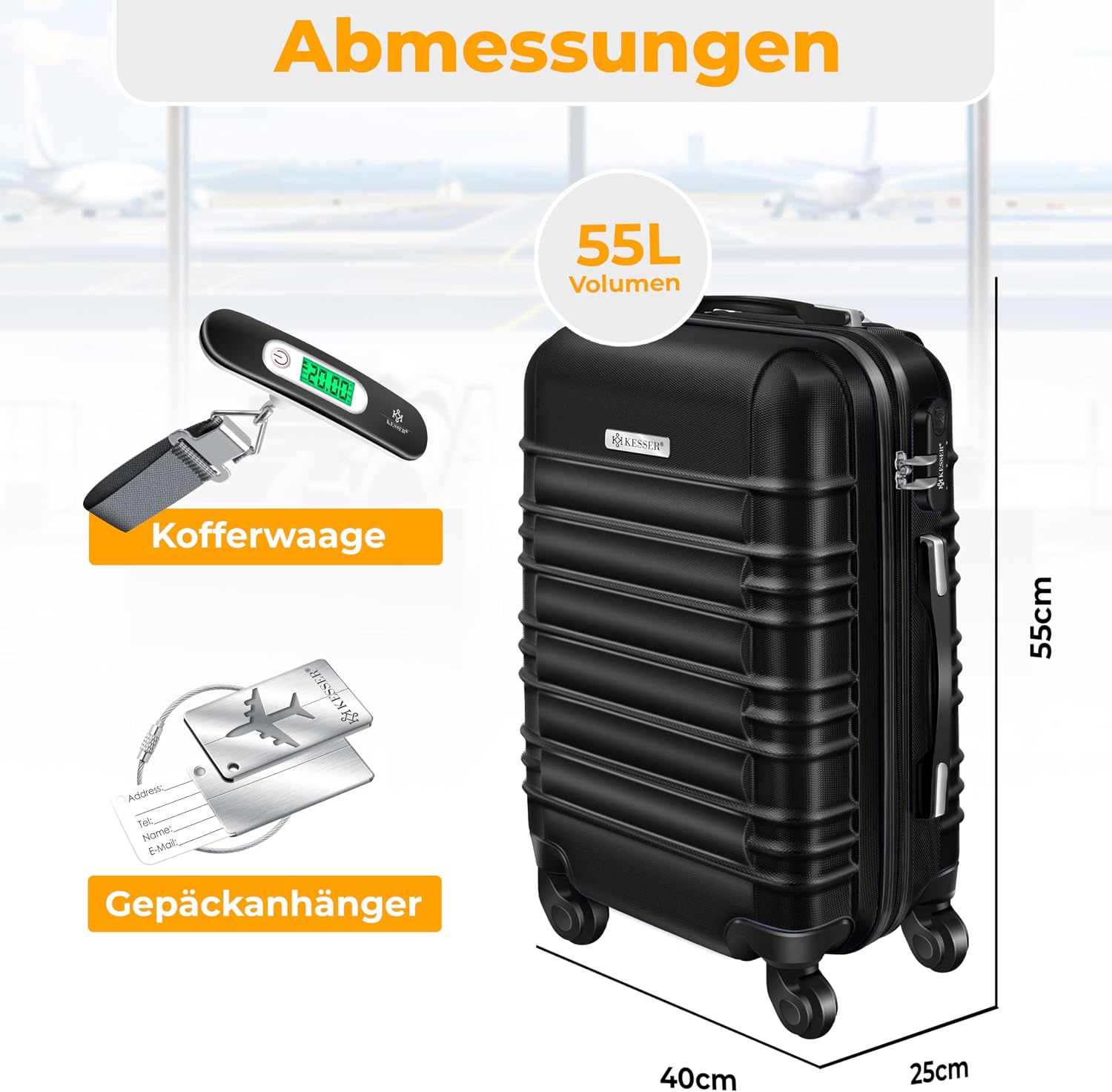 Detalle de KESSER® Handgepäck Reisekoffer 55L Hartschalenkoffer mit Digitale Kofferwaage, 4 Rollen und Zahlenschloss – Schwarz