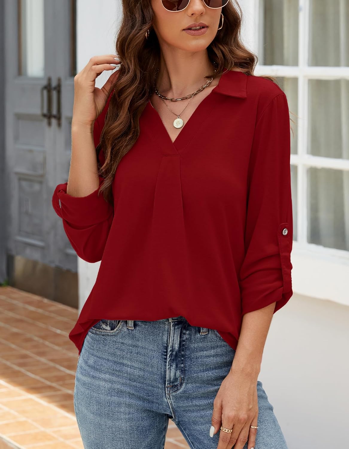 Thumbnail 1 de Odosalii Women's Casual V-Neck Tunic Blouse with Rolled-Up Sleeves
