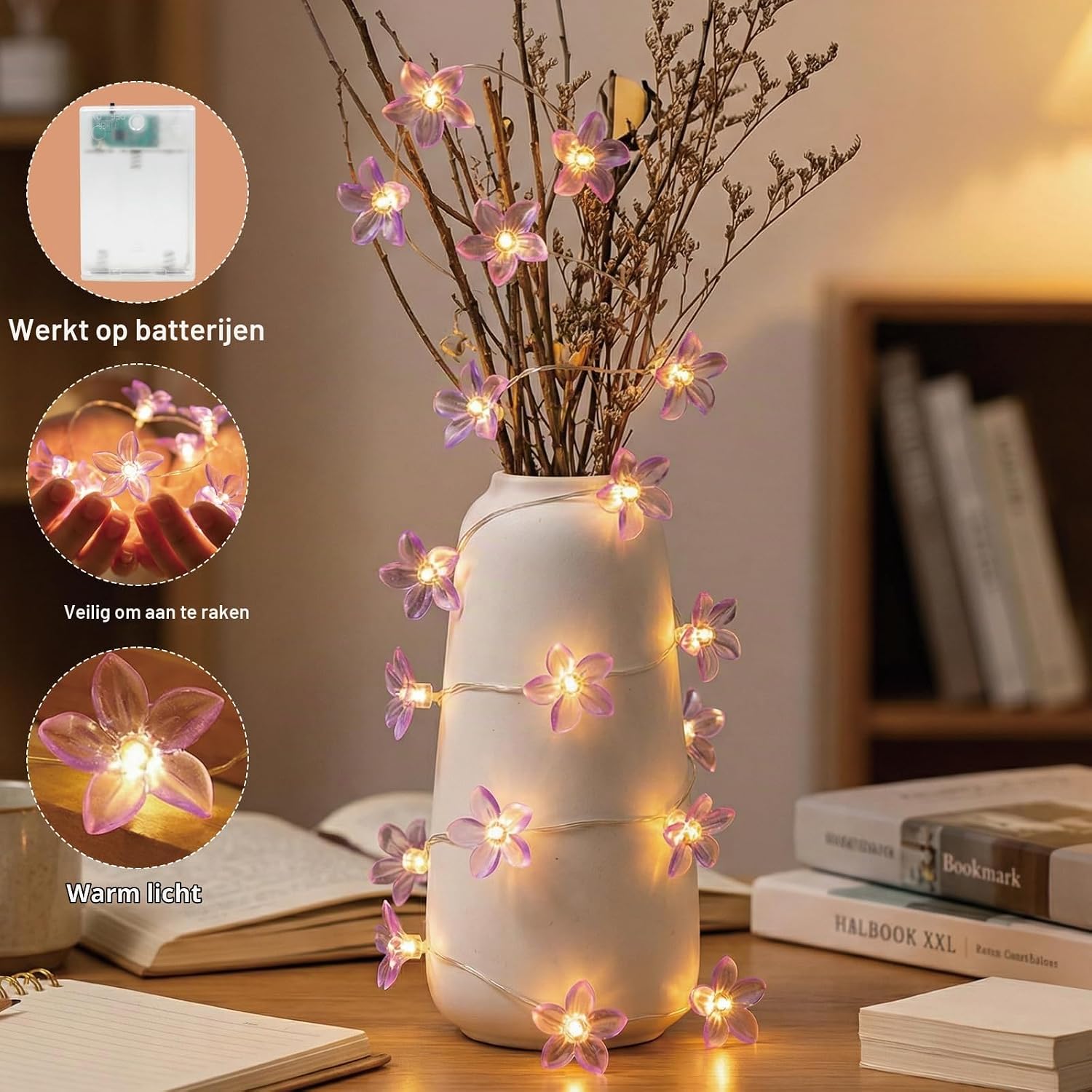 Detalle de Afaiup ZY-2AAB-20L LED-lichtsnoer met lila lelies, 2 m en 20 warmwitte leds