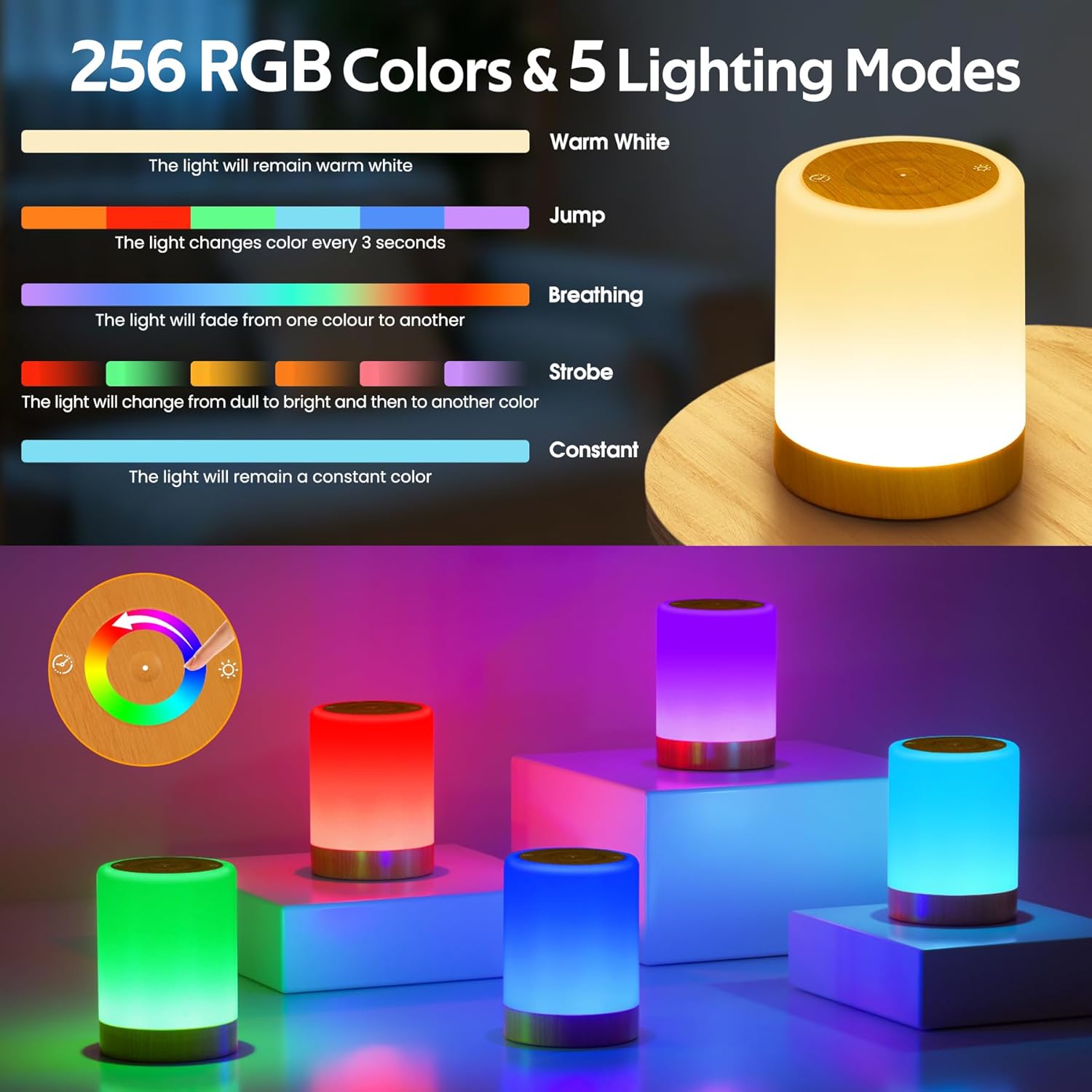 Thumbnail 2 de FOMYHEARD Lampada da comodino senza fili touch dimmerabile ricaricabile USB con timer, RGB e bianco caldo