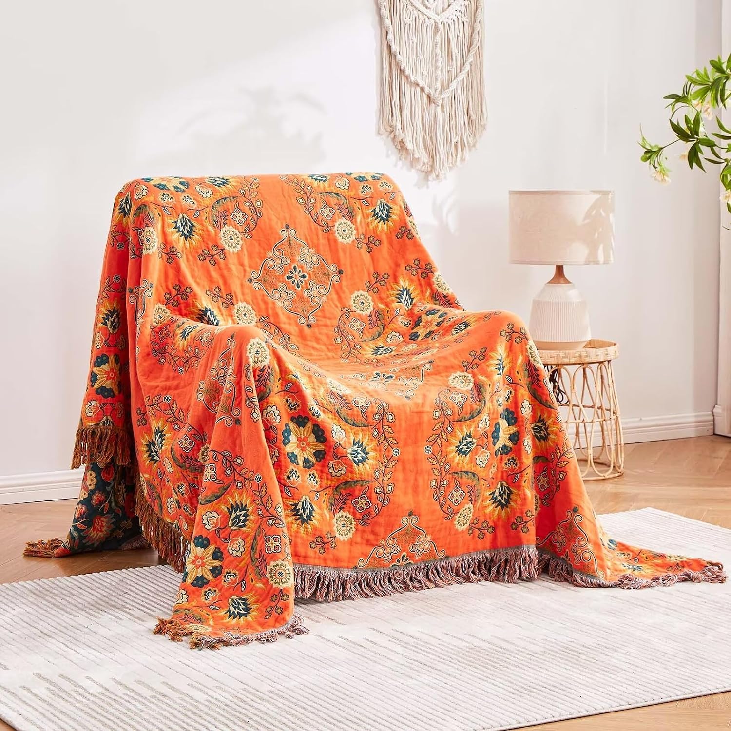 Detalle 2 de XIBLC Boho Throw Blanket (100% Cotton) 60"x80" Floral Reversible Farmhouse Decor, Orange