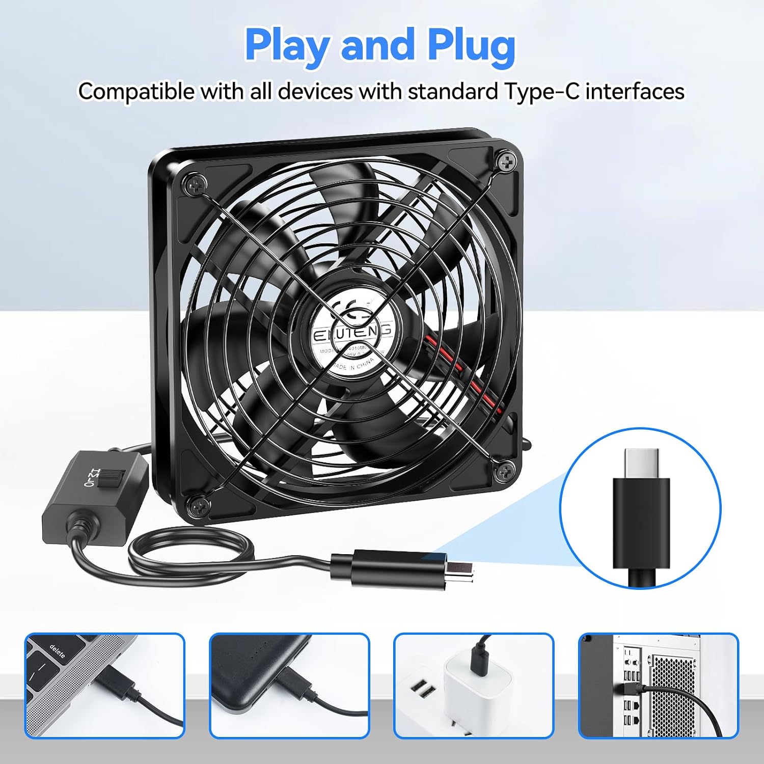 Detalle de ELUTENG 140mm USB-C Fan: 3-Speed Portable Cooling for Small Form Factors