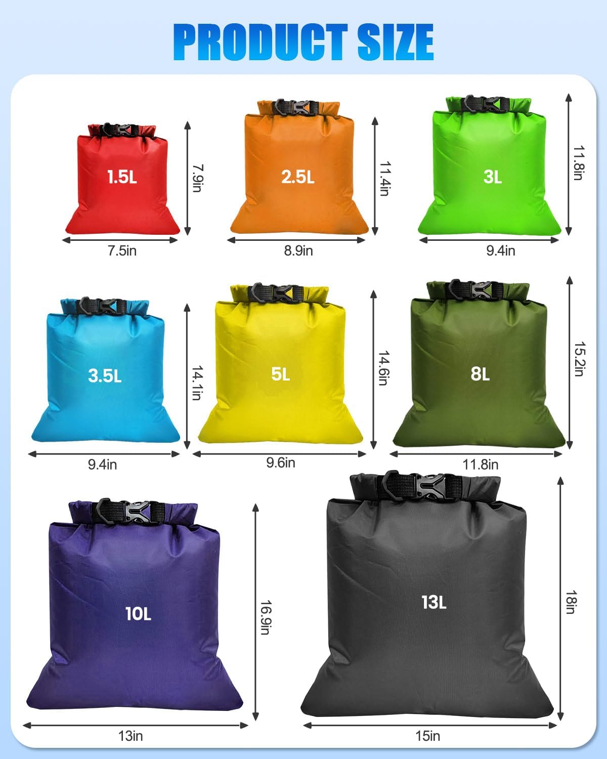 Thumbnail 1 de 8-Piece Waterproof Dry Bag Set with roll-top closures (12L–1.5L) for hiking, camping, cycling and fishing
