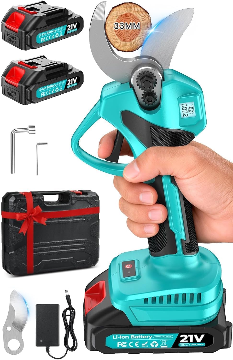 Detalle de Tijeras de Podar Eléctricas 21V de Sukaudiz: potencia sin escobillas, 2 baterías y 33 mm de corte