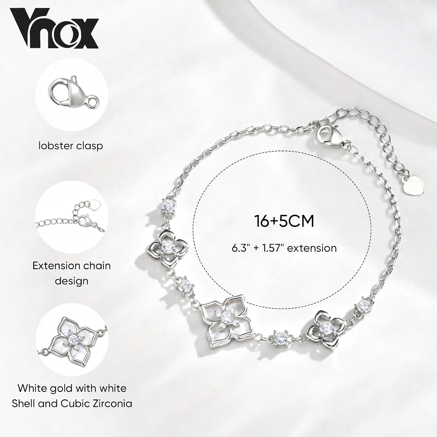Detalle 2 de VNOX Four Leaf Clover Bracelet for Women – Adjustable Silver 14K Gold Link Chain