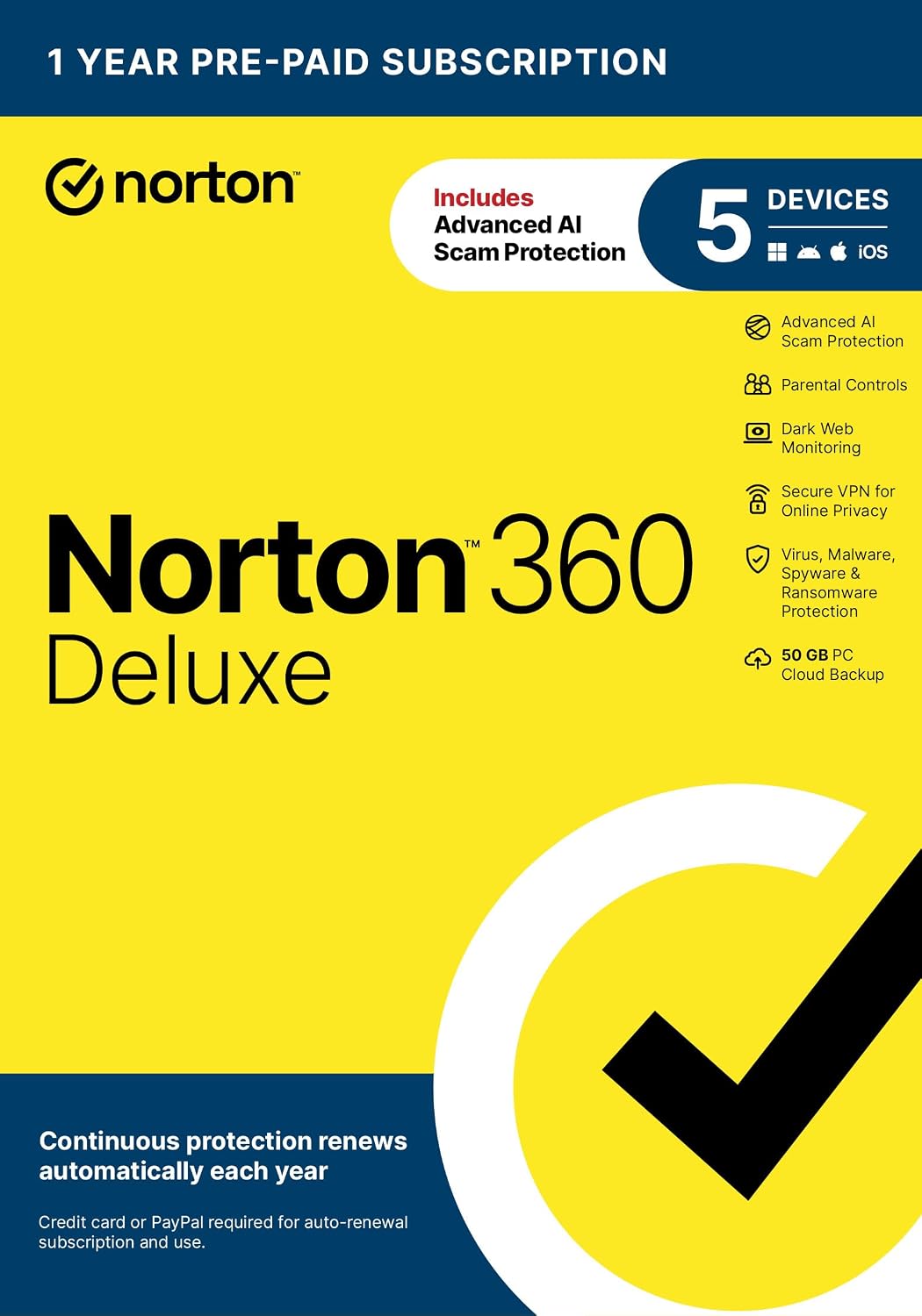 Detalle de Norton 360 Deluxe: Antivirus for 5 Devices with AI Scam Protection, VPN, Dark Web Monitoring & 50 GB Cloud Backup