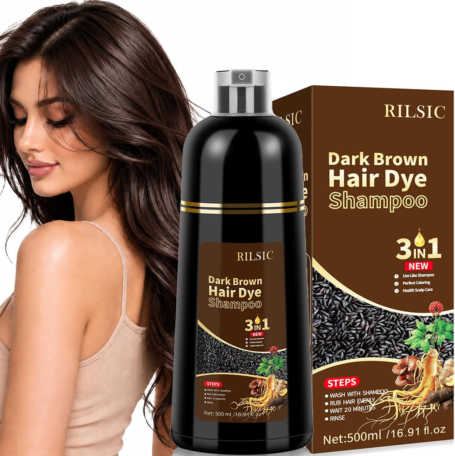 Detalle de Shampoo Colorante Marrone Scuro 500ML per Capelli Bianchi – 3 in 1, effetto naturale e lucentezza