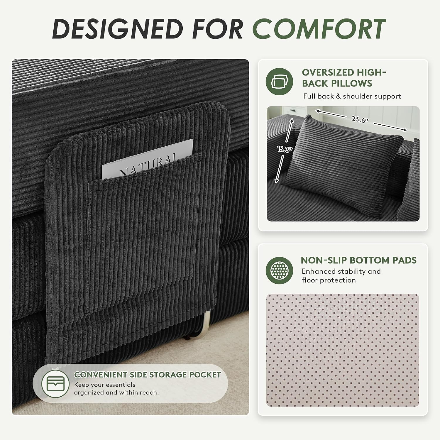 Detalle de GRUSIGN SF-CYL 78-Inch Convertible Futon Sofa Bed, Dark Gray Corduroy