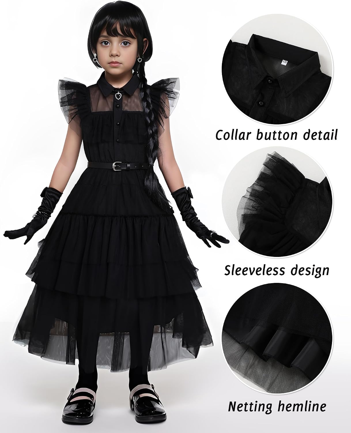 Detalle 2 de ZapLute ZPT1361 Girls’ Black Costume Dress with Wig and Accessories