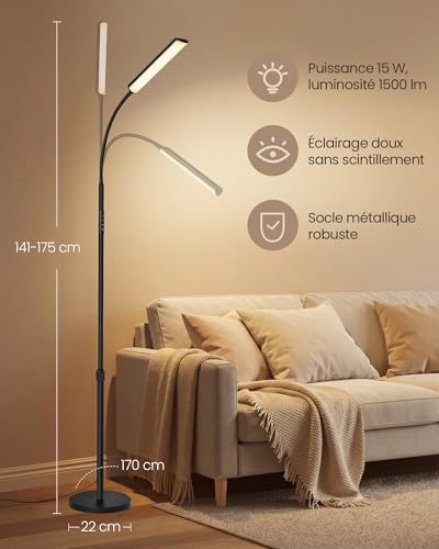 Thumbnail 4 de VASAGLE Lampadaire LFL007BD02 — Lampe de lecture noir mat à hauteur réglable et col de cygne orientable 360°
