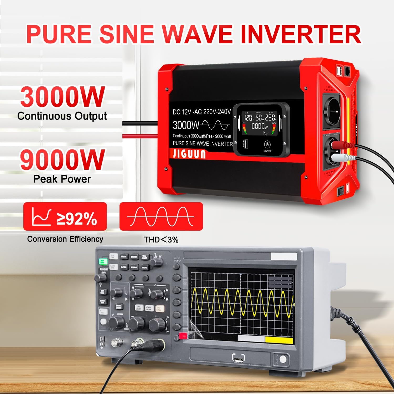 Detalle 2 de JIGUUN 3000W Convertisseur Pur Sinus 9000W