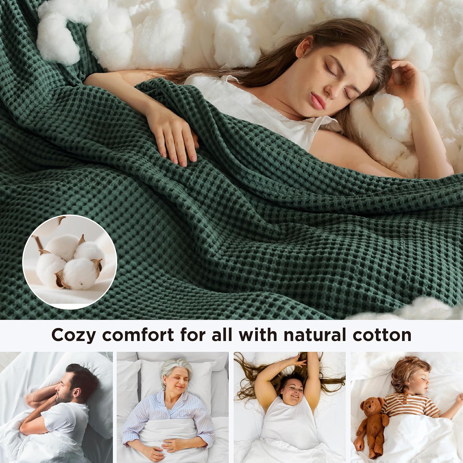 Detalle de Bedsure King Cotton Waffle Blanket, Dark Green, 108" x 90