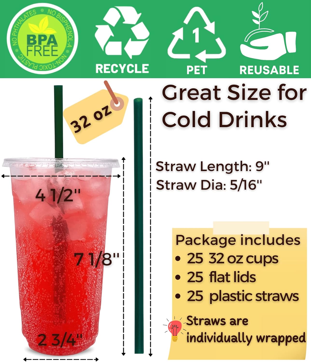 Detalle de 32 oz Clear Plastic Cups with Lids and Straws (25 Sets) – Disposable Coffee Cups