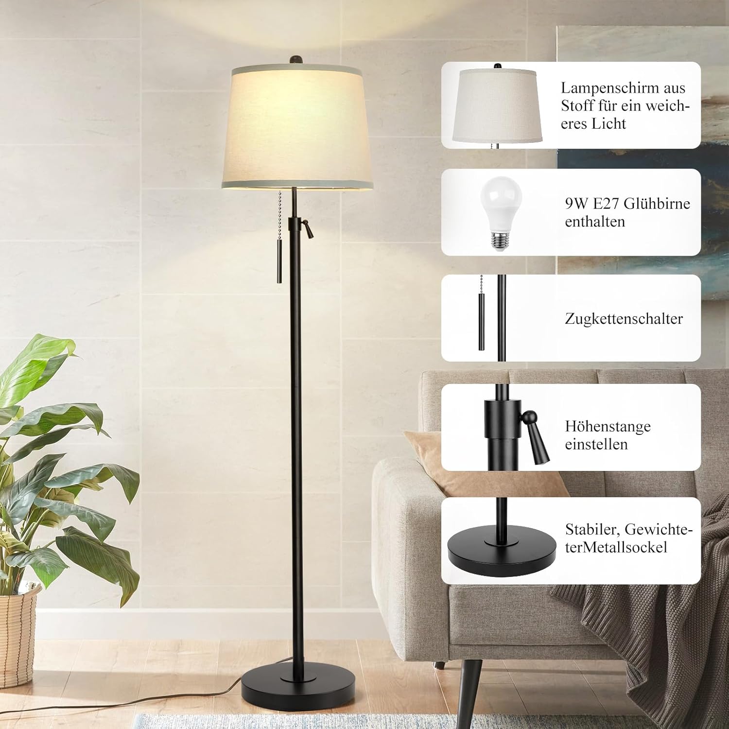 Detalle de Qingmiao Stehlampe Wohnzimmer Modern – höhenverstellbar, Stoffschirm, 3 Farbtemperaturen, E27