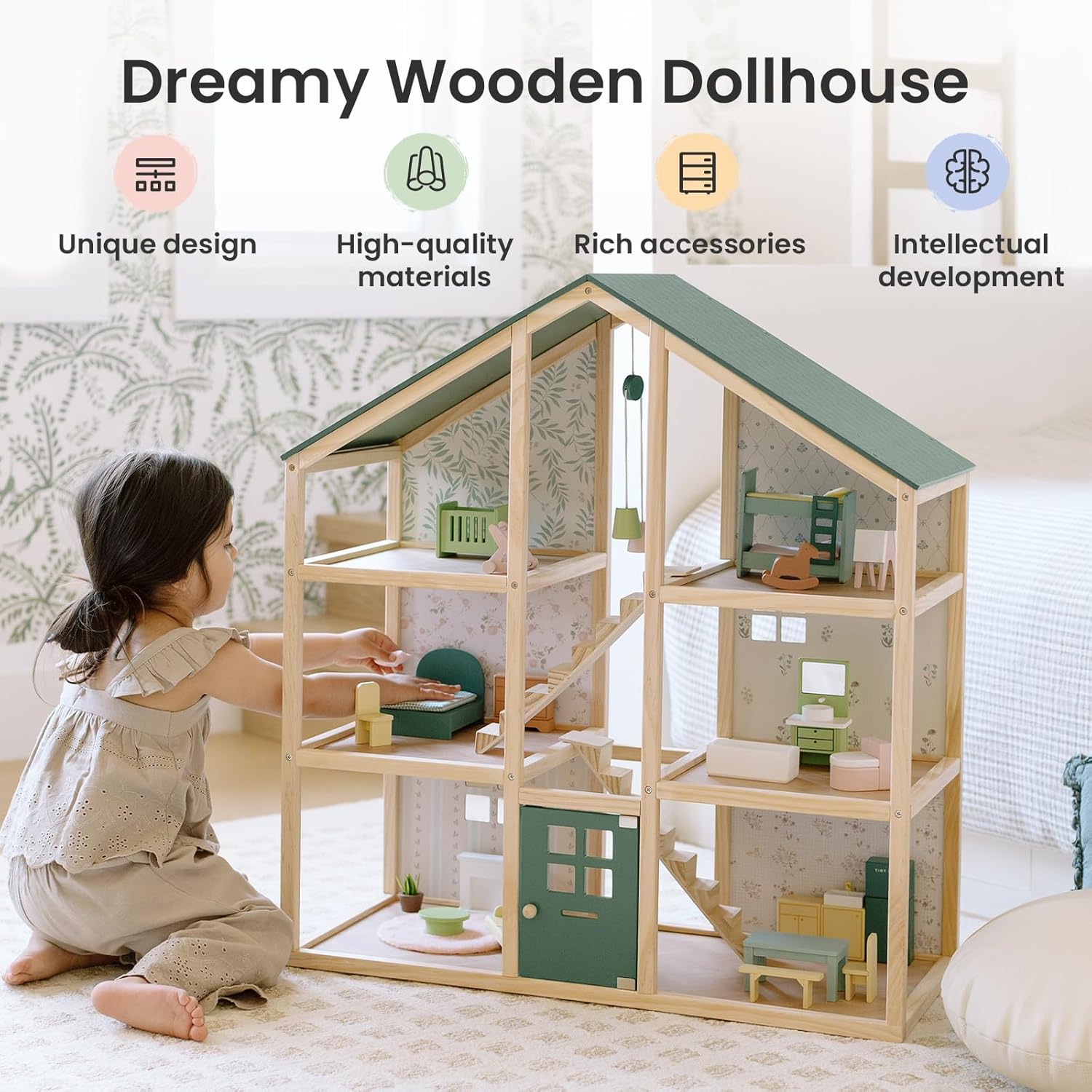 Detalle de Tiny Land Wooden Dollhouse for Girls – 6 Rooms, 31-Piece Furniture Set, Green