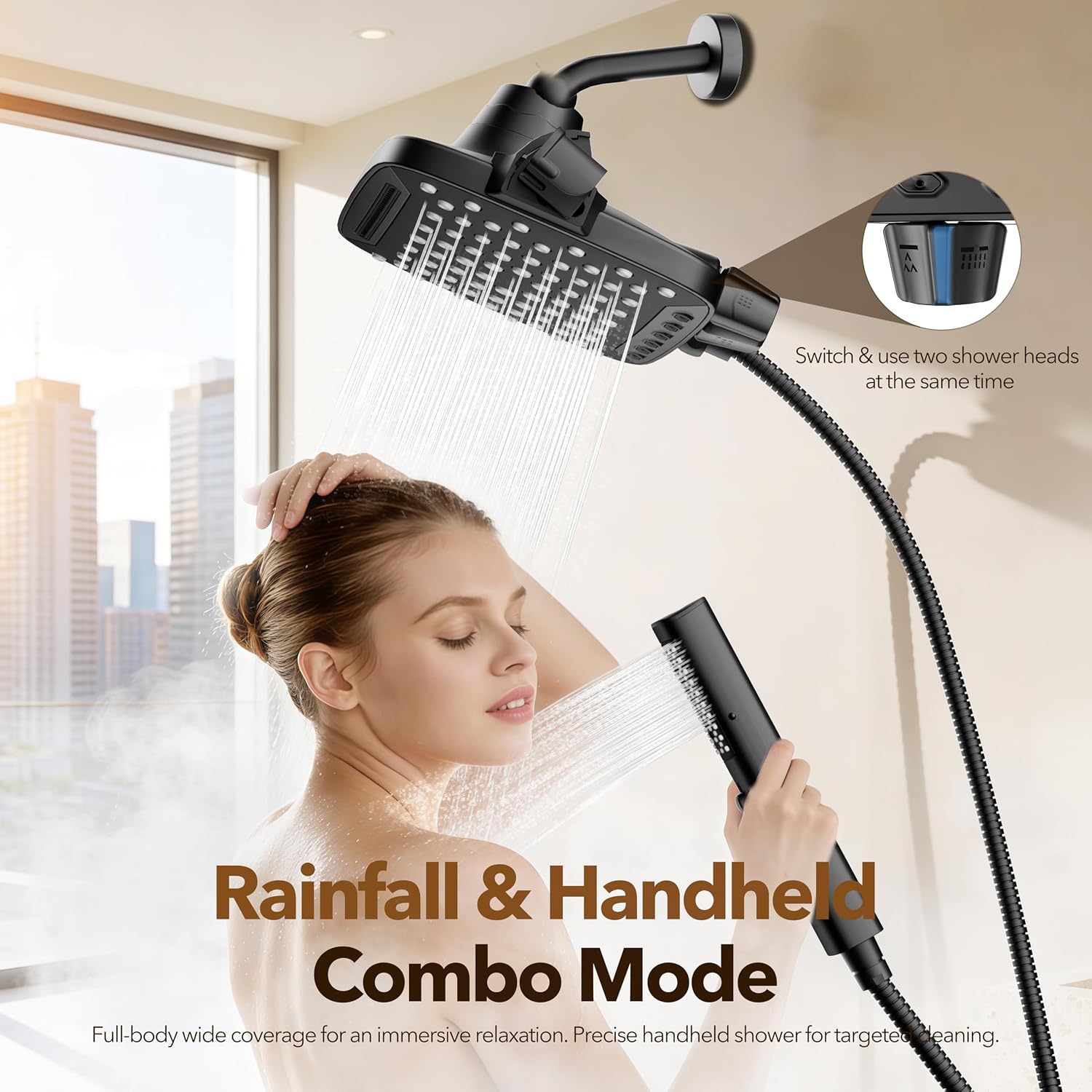 Detalle de JDO Z16002-MB Dual Shower Head Combo, 10-Inch Rainfall, 7 Modes, Matte Black