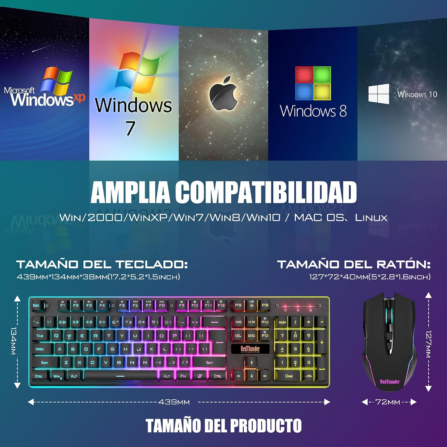 Detalle de RedThunder K10: Teclado y Ratón Inalámbricos Gaming con Iluminación RGB y Batería Recargable (Disposición ES) para PC/PS5/Xbox