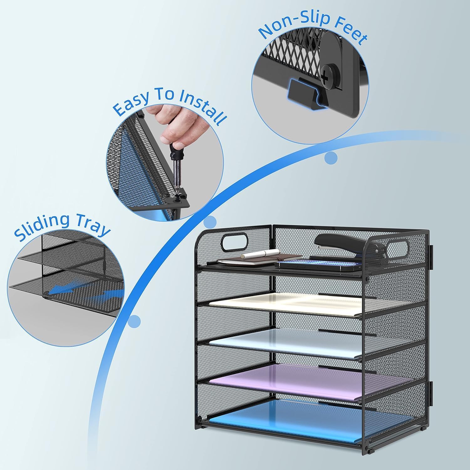 Thumbnail 2 de SUPTIDY 5-Tray Paper Organiser with Handle (Mesh Desk File Organiser) – A4, Black