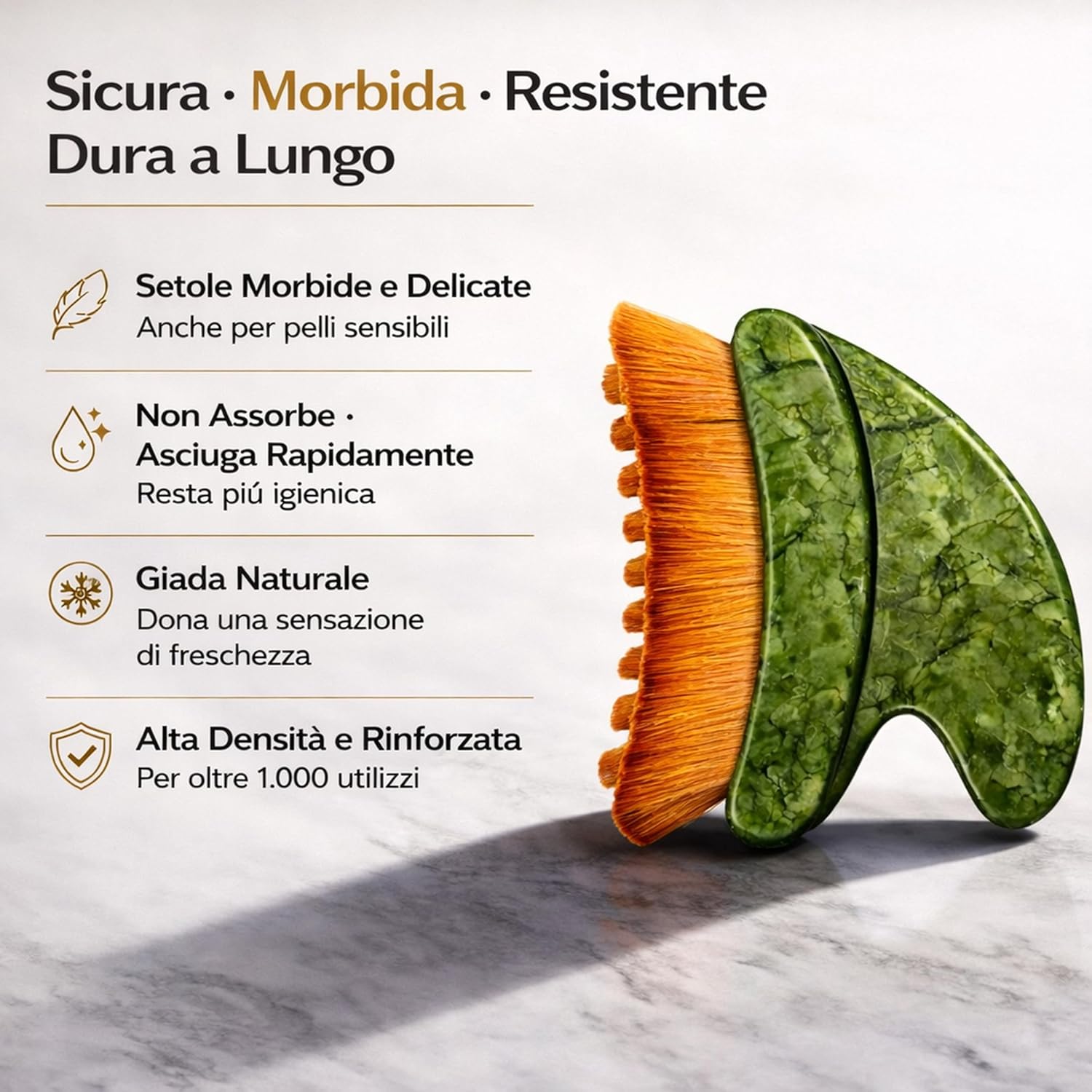 Detalle 2 de Gua Sha Viso in Giada Naturale 2 in 1 Aerthys – Massaggiatore Linfodrenante per Contorno Occhi, Viso e Mandibola