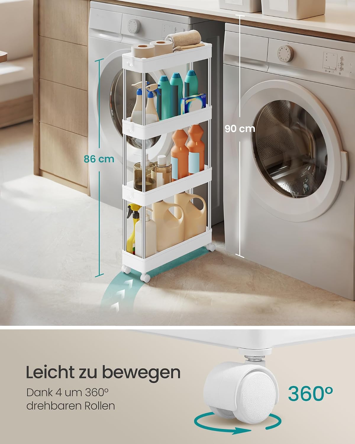 Detalle 2 de SONGMICS Rollwagen KSC08WT: Schlanker Küchenwagen mit 6 Haken und 360° Rollen