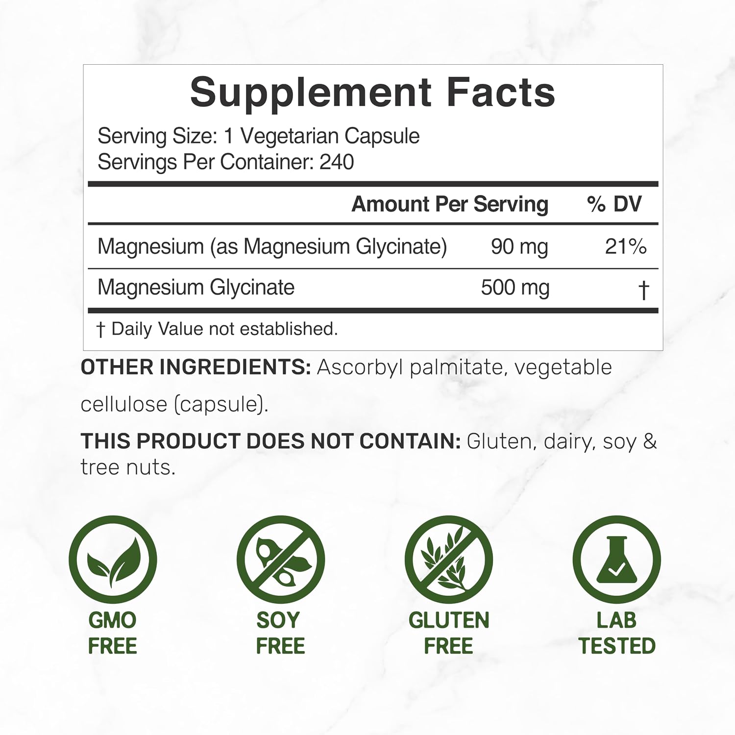 Detalle 2 de Magnesium Glycinate Supplement 240 Veggie Capsules