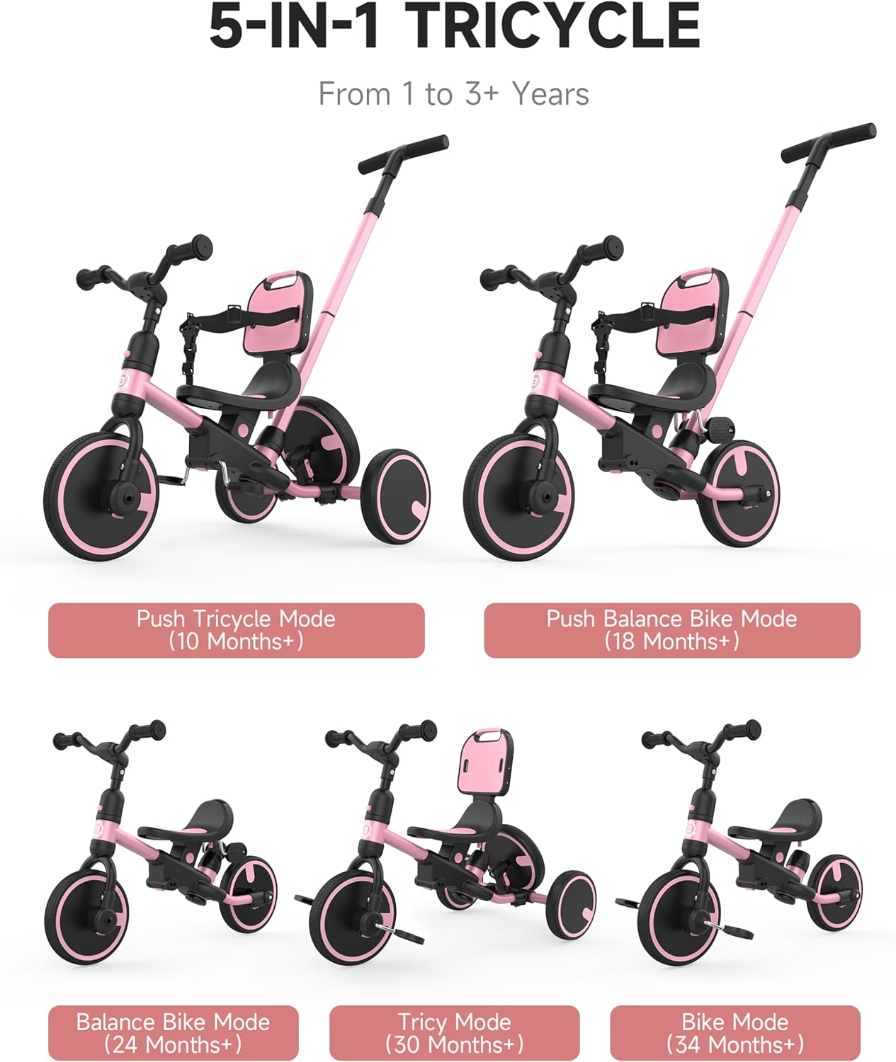 Thumbnail 1 de Besrey 5-in-1 Toddler Tricycle with Push Handle — Grow with Me 1-3 Years