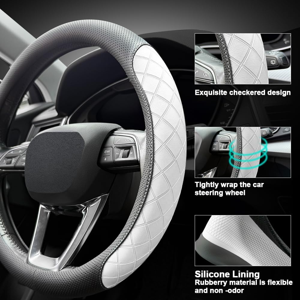 Thumbnail 2 de LKWLIKEI Nappa Leather Steering Wheel Cover – Elegant Diamond Checkered Design for 14.5–15 Inch Wheels
