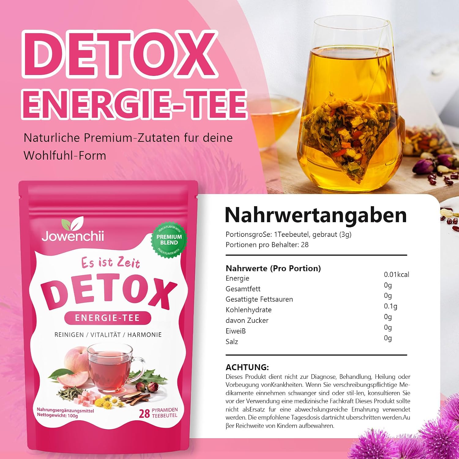 Detalle 2 de Detox Tee zum Abnehmen & Leberfunktion – 28 Tage Kräutertee mit Mariendistel, Löwenzahn, Ginseng & Ingwer