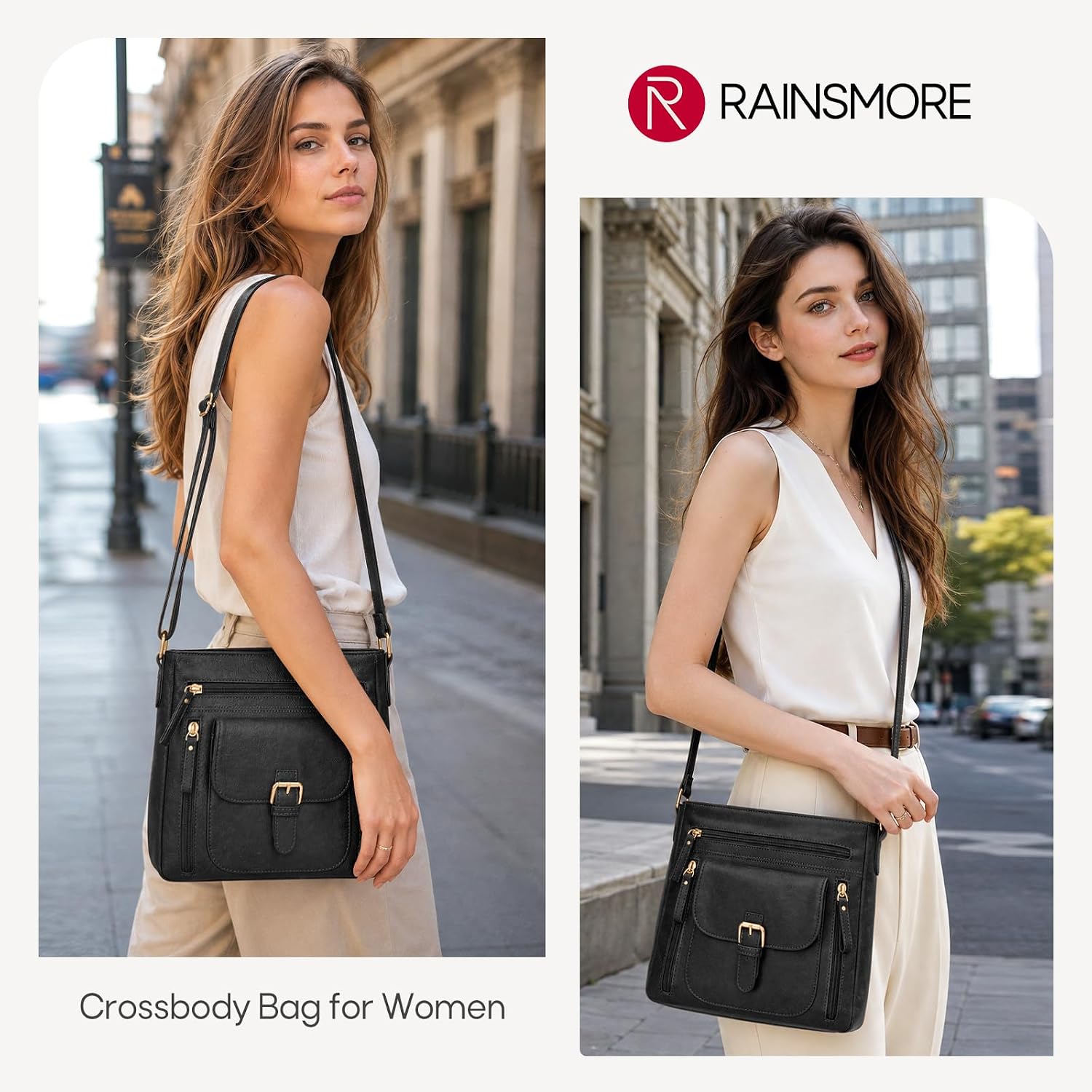 Detalle de RAINSMORE Cross Body Bag Women: PU Leather, 7 Pockets, Ideal for Daily Use