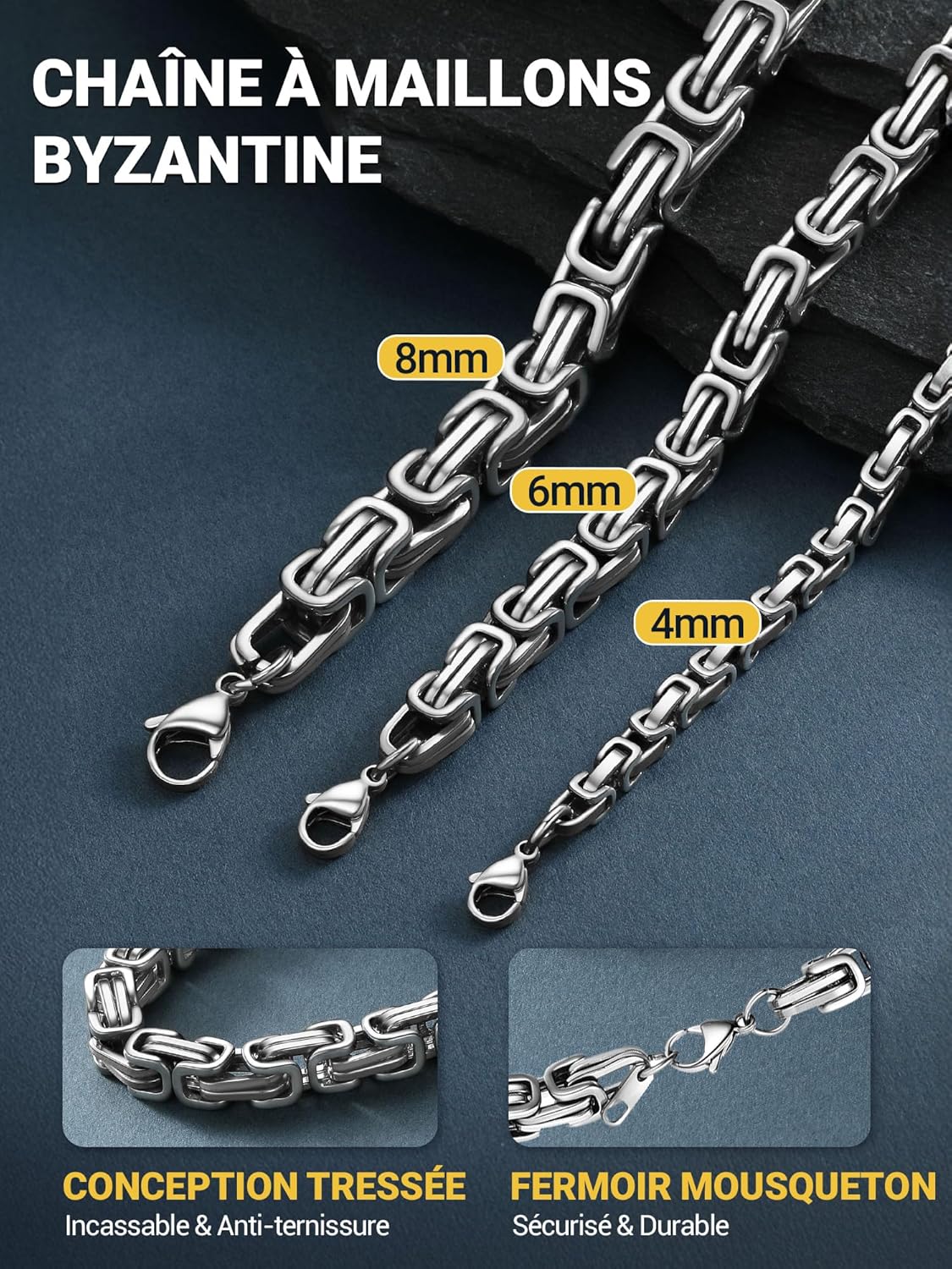 Thumbnail 5 de PROSTEEL Chaine Byzantine homme en acier inoxydable 4/6 mm bicolore plaqué or/noir (46 à 76 cm)
