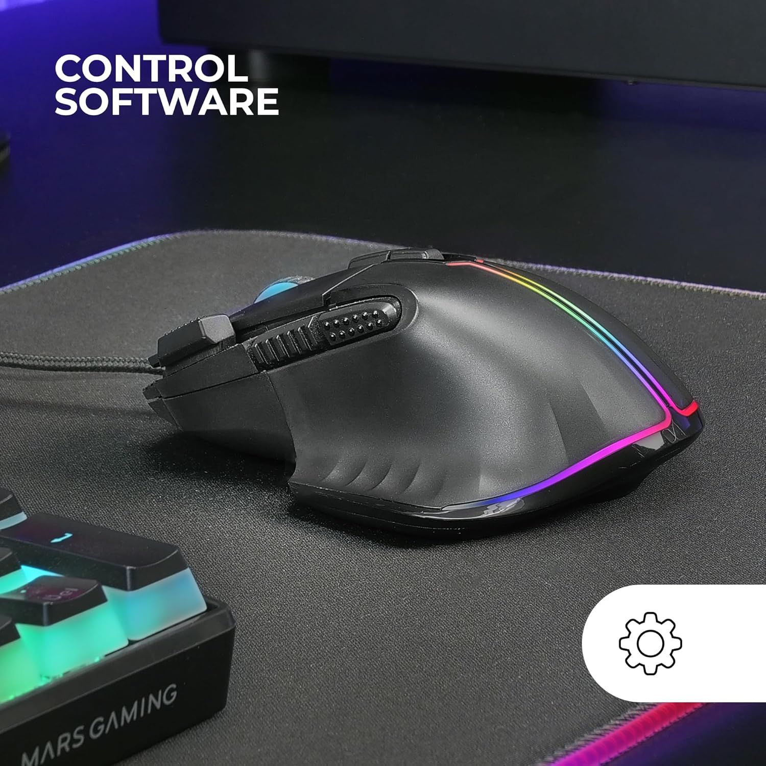 Detalle de Mars Gaming MM-XT: Mouse da gaming RGB ergonómico con 9 pulsanti configurabili e sensore 12800 DPI