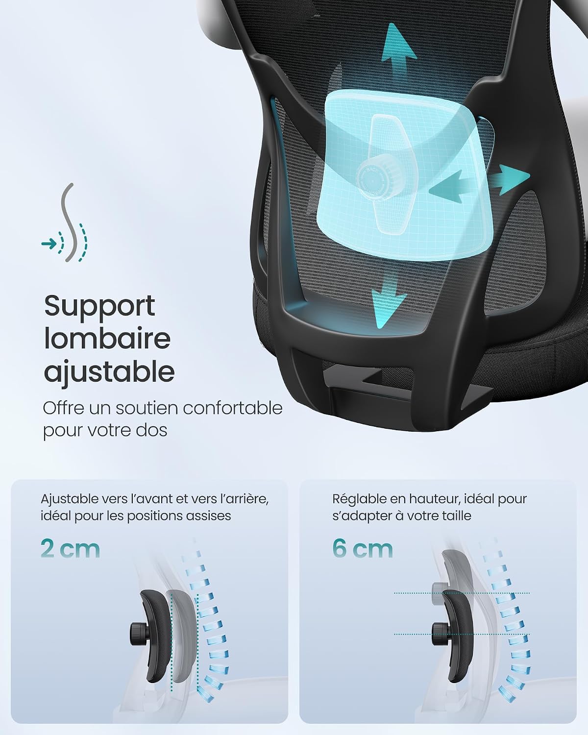 Detalle de SONGMICS KIME OBN066BH01 ergonomische bureaustoel met verstelbare steun