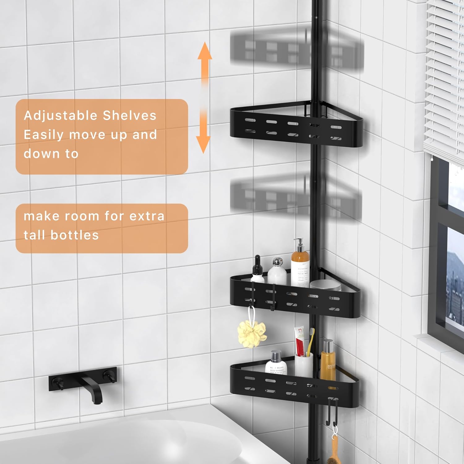 Thumbnail 1 de Kegii Telescopic Shower Caddy Corner black corner shower shelf with hooks