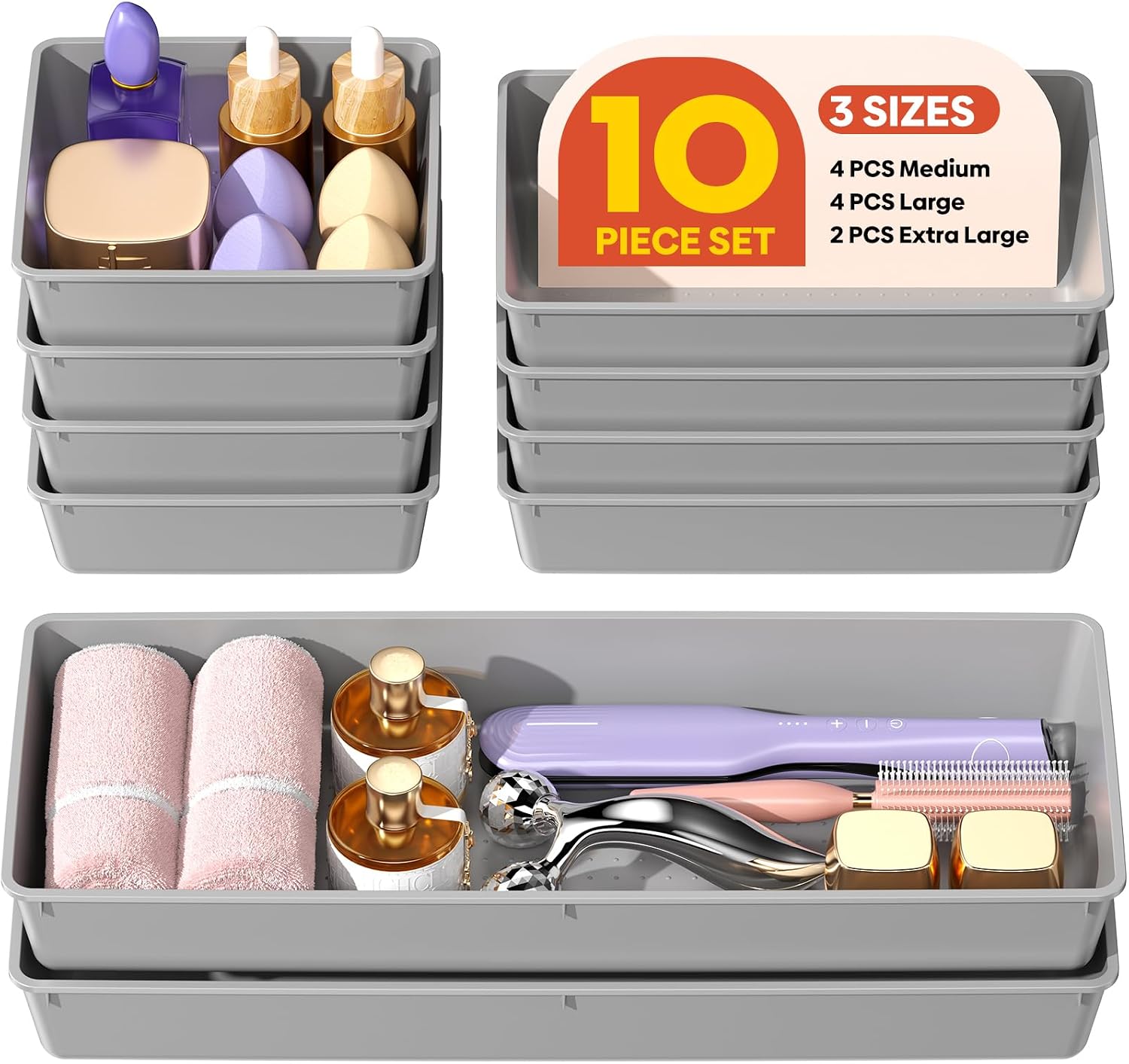 Detalle de MLIKLU 10-Pack Plastic Drawer Organizer Trays, 3 Sizes, Stackable, Gray