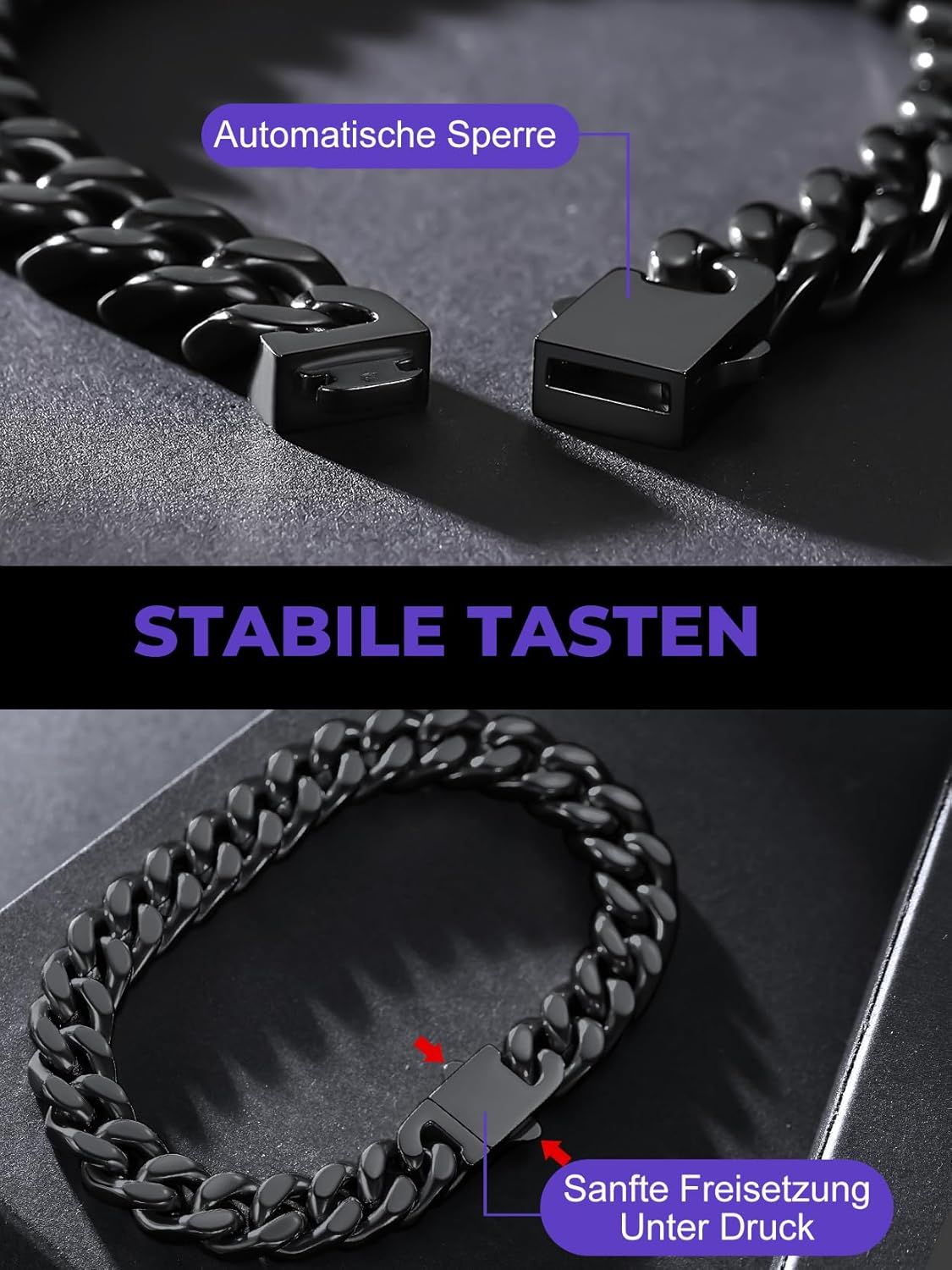 Thumbnail 4 de Richsteel Armband Herren Edelstahl Armreif Kubanisch – Knebelverschluss, 21 cm, 9 mm Breite, Schwarz