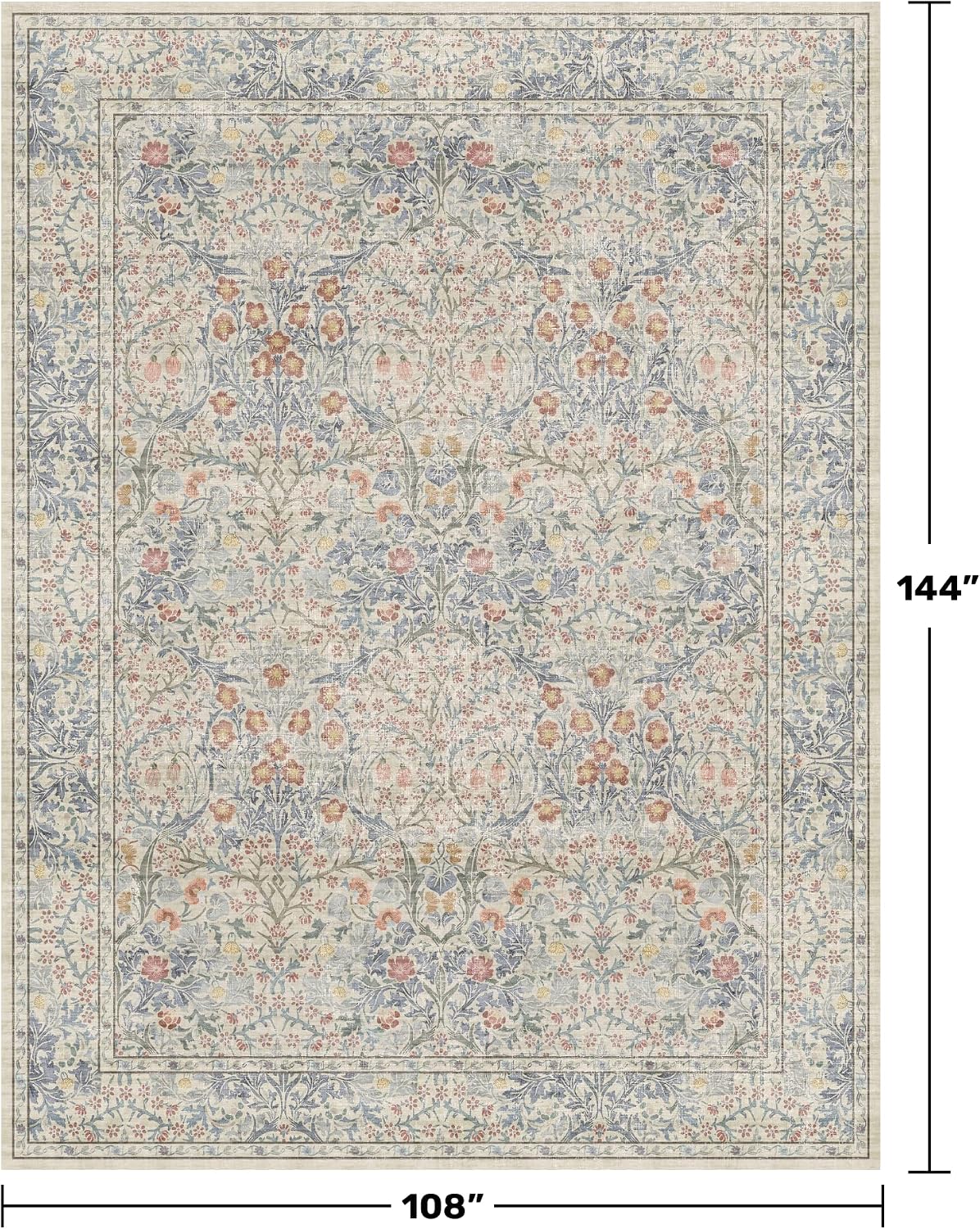 Detalle de Washable Light Blue Bedroom Rug, 9x12 – Vintage Floral Design with Non-Slip Backing